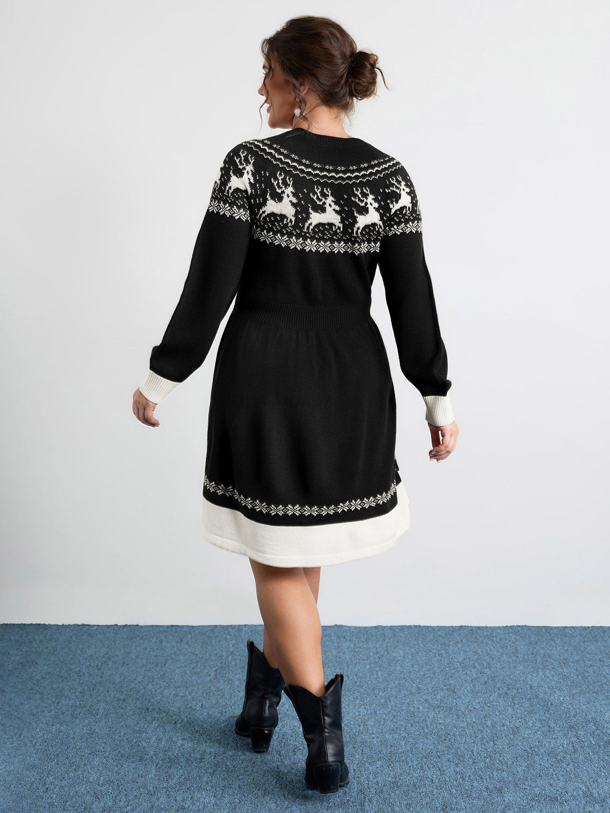 Reindeer Print Cinched-Waist Sweater Mini Dress