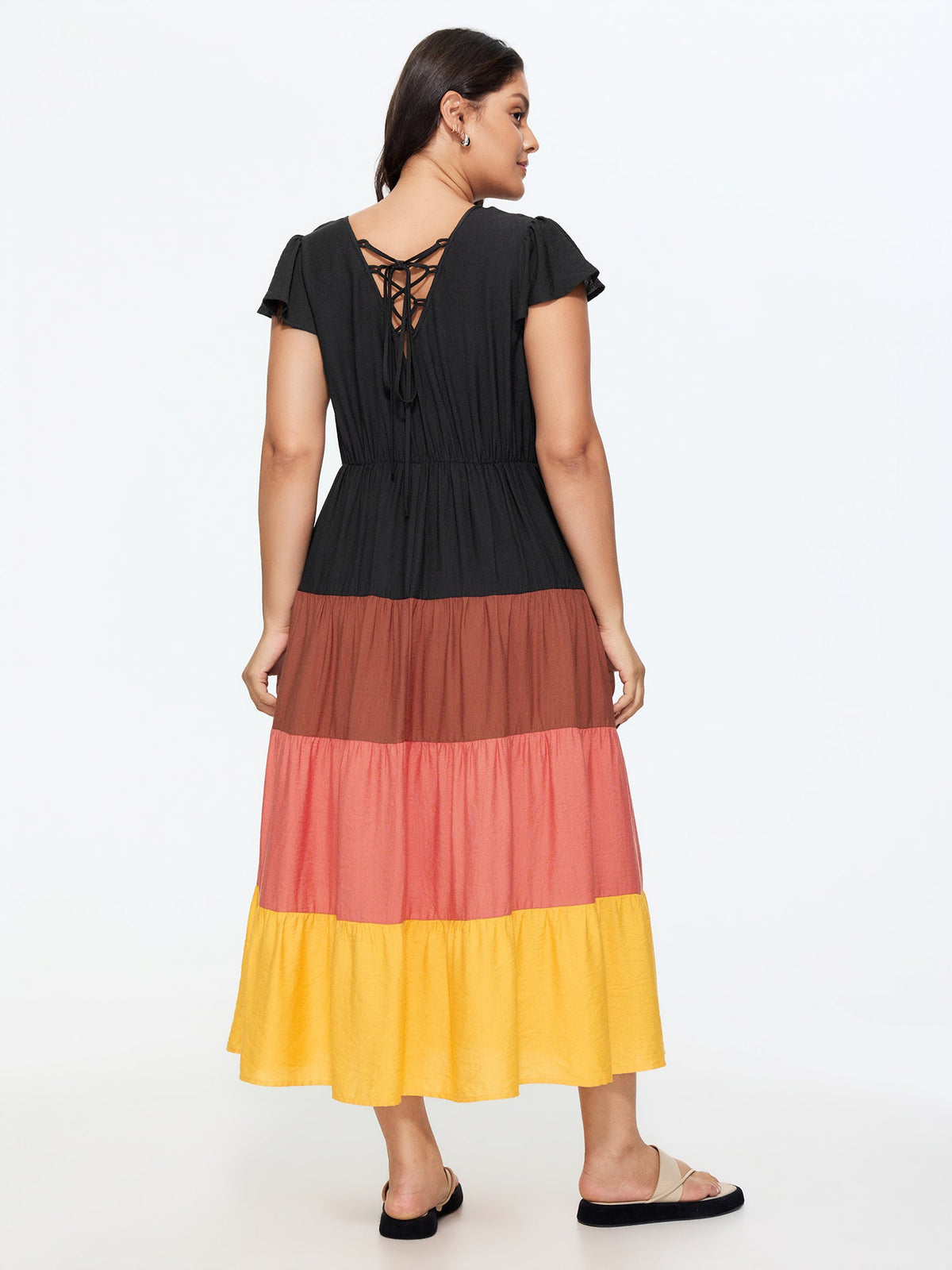 Colorblock Tiered Ruffled Sleeve Maxi Dress