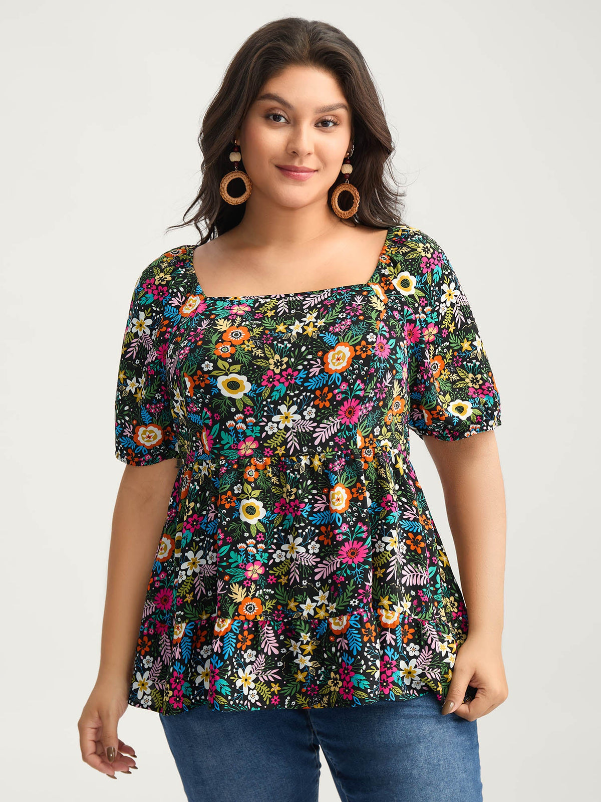 Floral Square Neck Fit and Flare Blouse