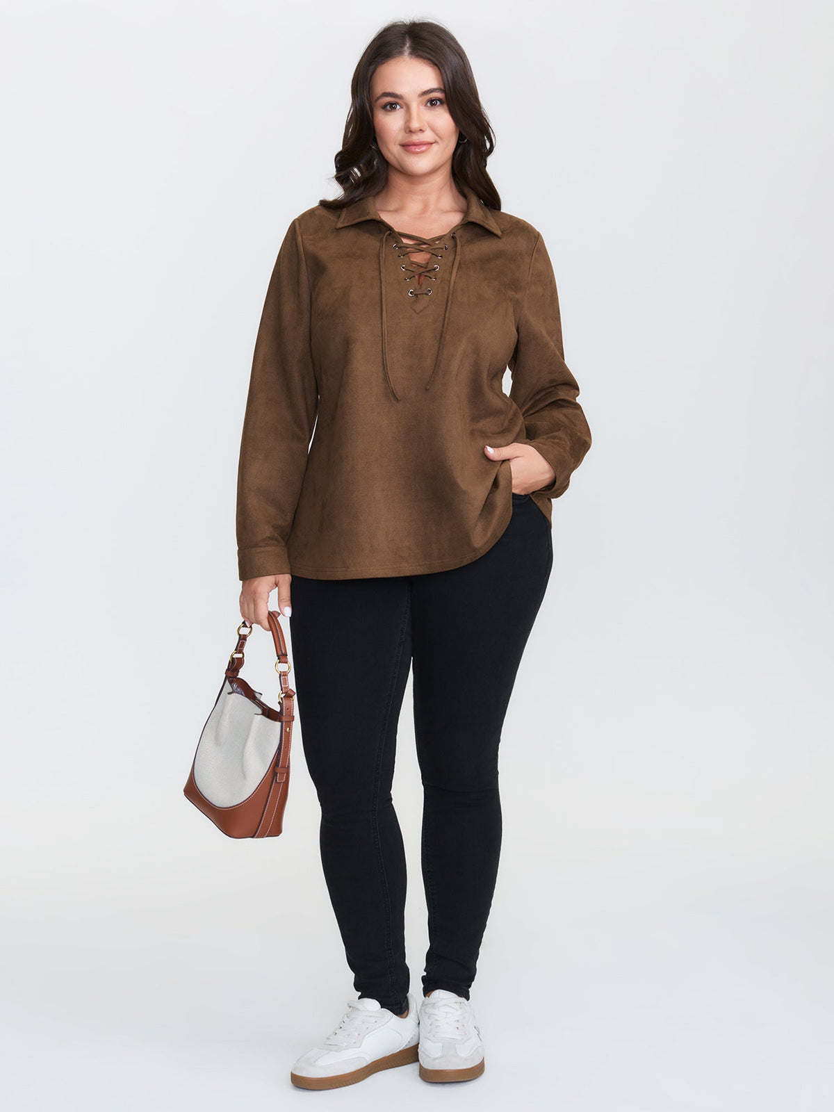 Suede Cross-Tie Neckline Curvy-Fit Blouse