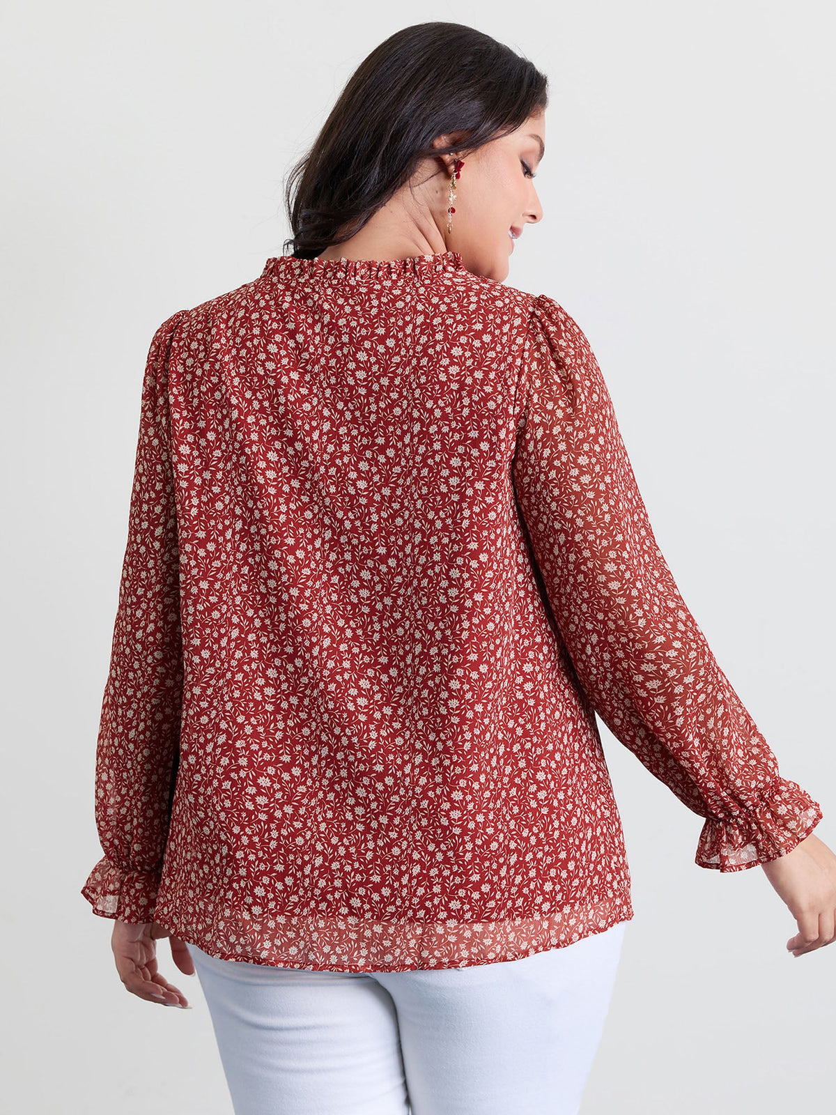 Chiffon Silhouette Flower Ruffled Neck Blouse
