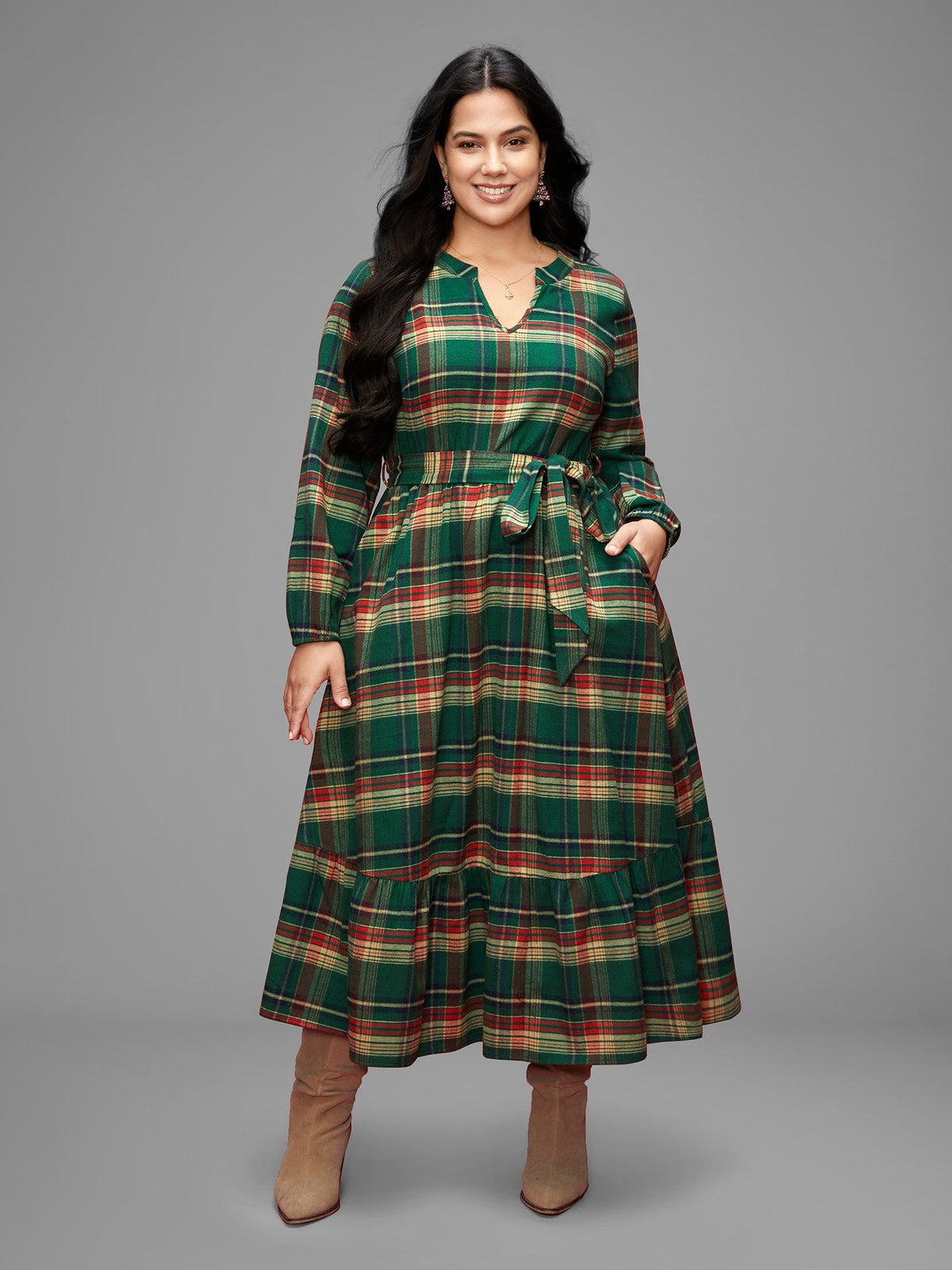 Festive Notched Collar Plaid Dress