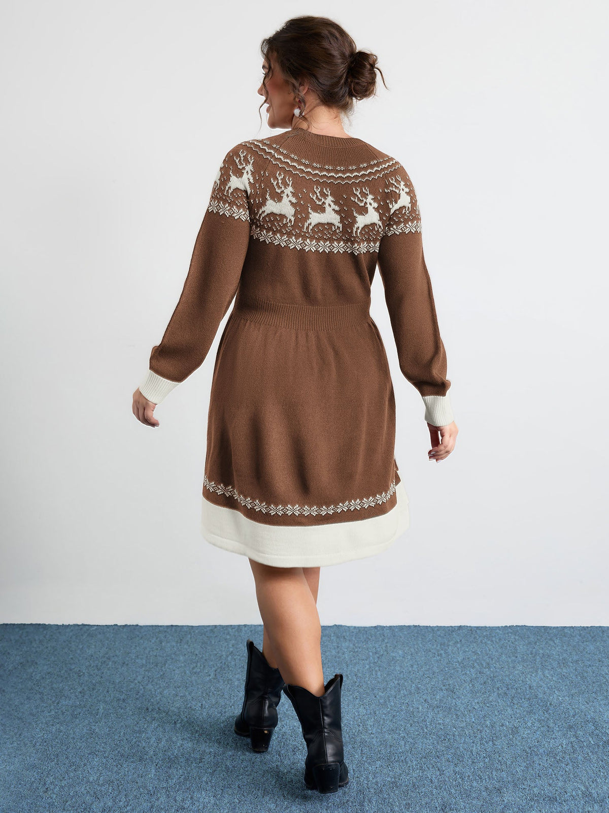 Reindeer Print Cinched-Waist Sweater Mini Dress