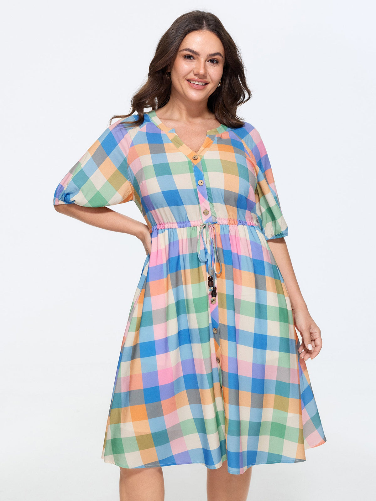 Plaid Print Drawstring Waist Midi Dress
