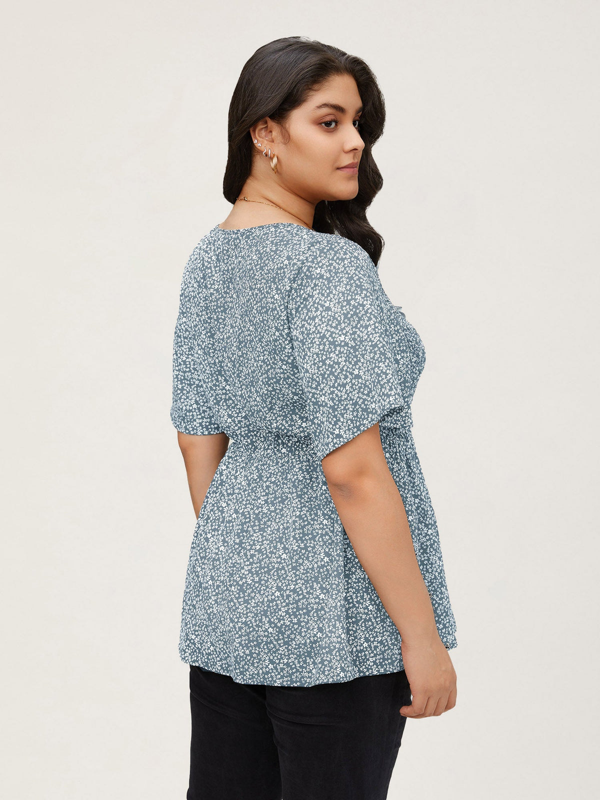 Ditsy Floral Shirred Ruffle Sleeve Elastic Waist Blouse
