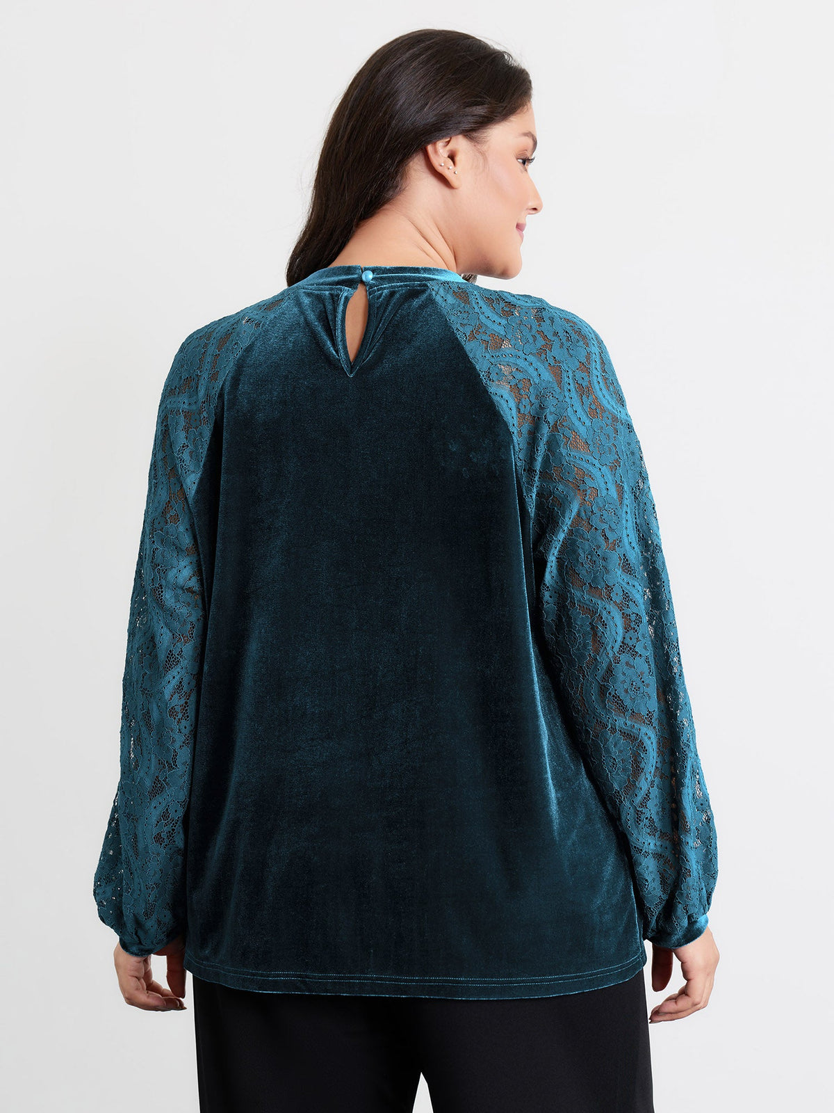 Velvet Sheer Lace Raglan Sleeve Blouse