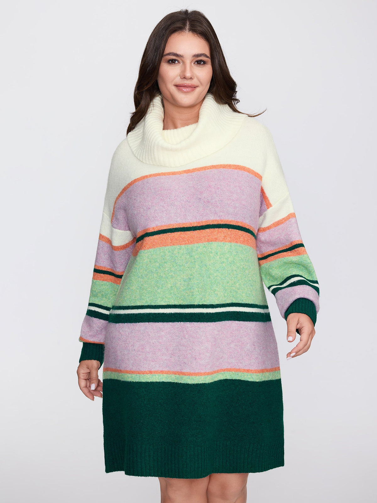 Colorful Stripe Drape Turtleneck Sweater Dress