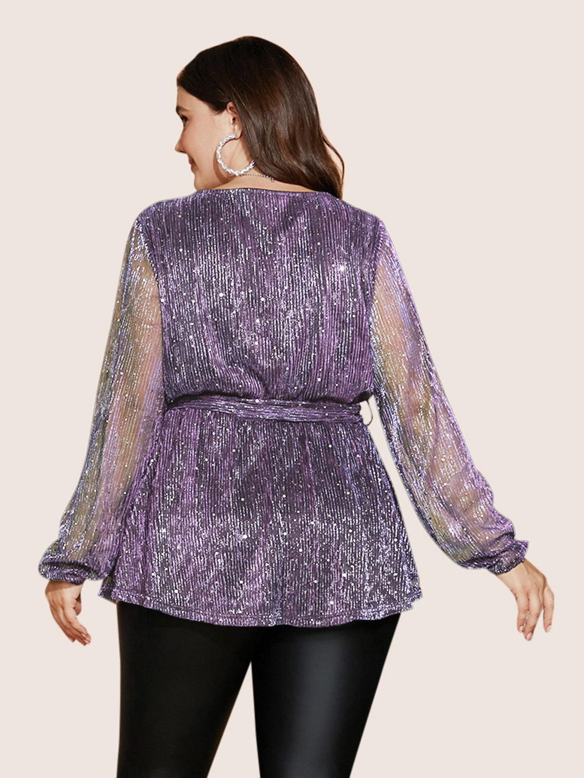 Sequin Mesh Lantern Sleeve Wrap Belted Striped Blouse