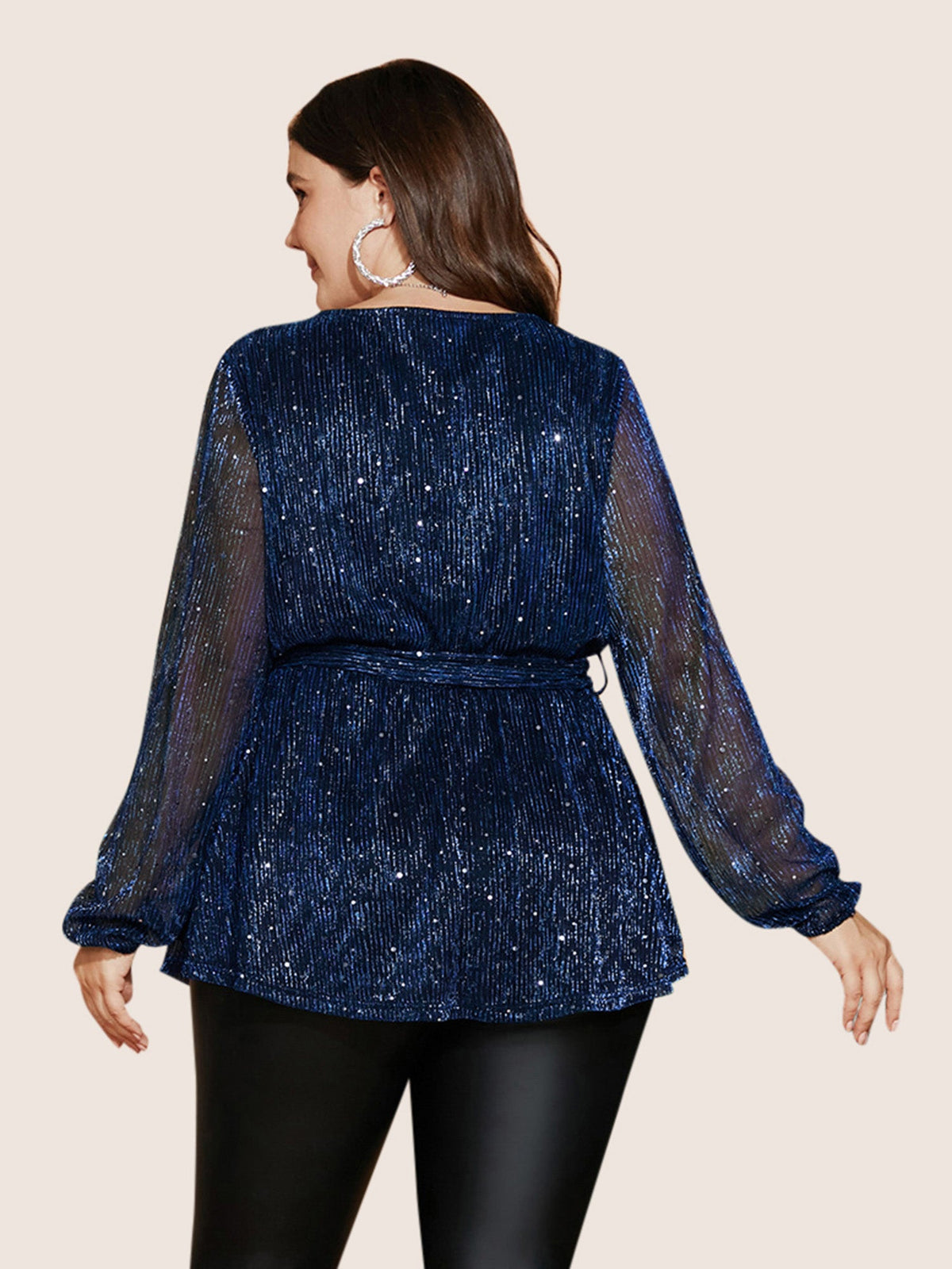 Sequin Mesh Lantern Sleeve Wrap Belted Striped Blouse