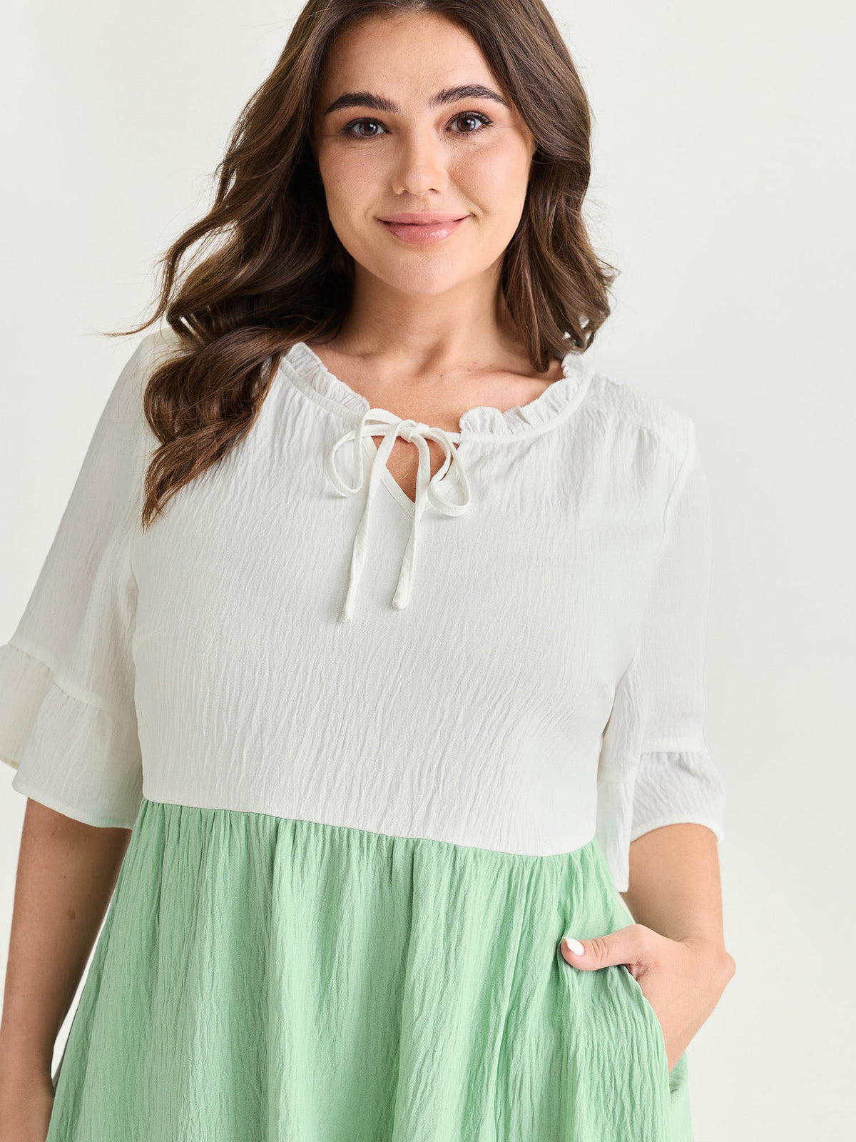 Colorblock Drawstring Neckline Tiered Mini Dress