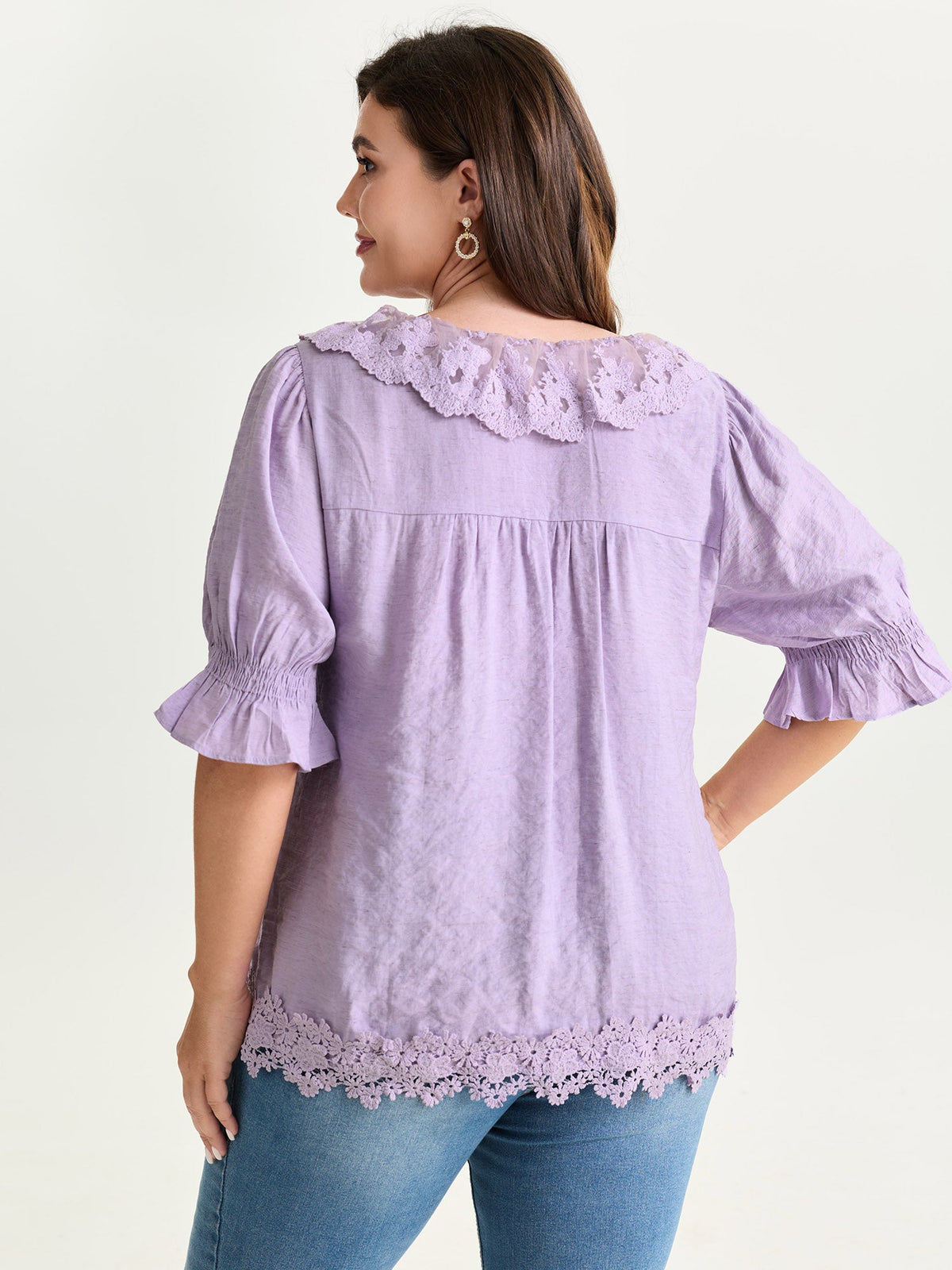 Ruffled Lace Neckline Button-Down Blouse