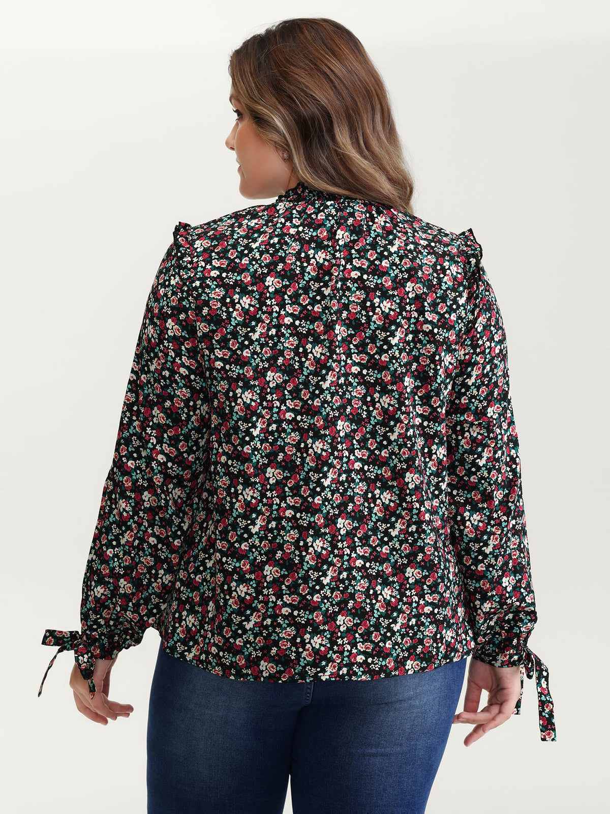 Floral Print Shirred Sleeve Tie Blouse