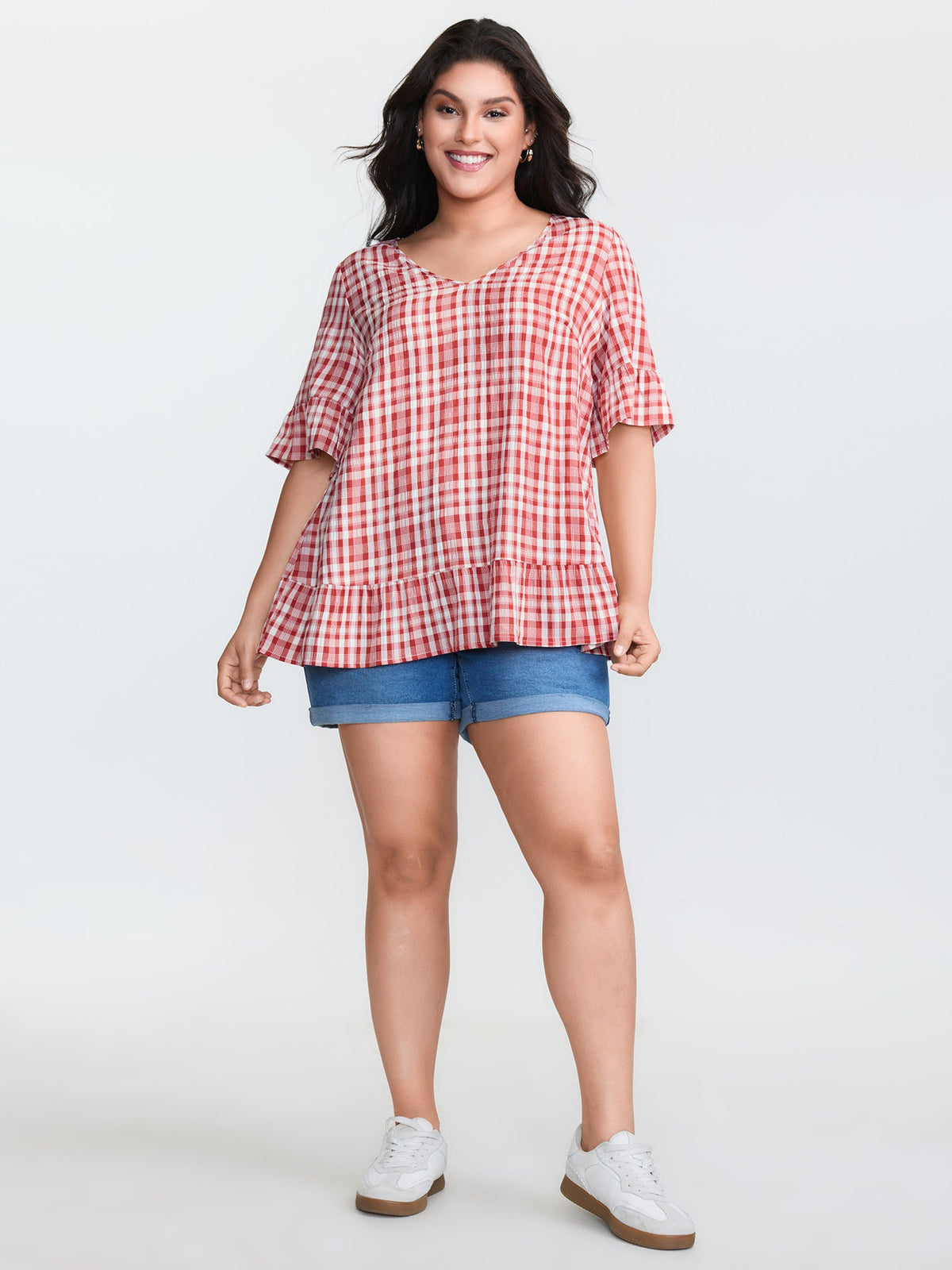 Sweet Gingham Print Ruffled Blouse