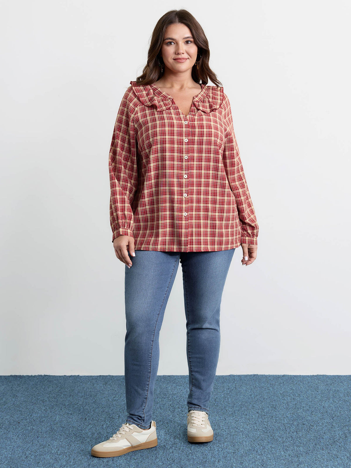 Gingham Print Ruffled Neck Button Blouse