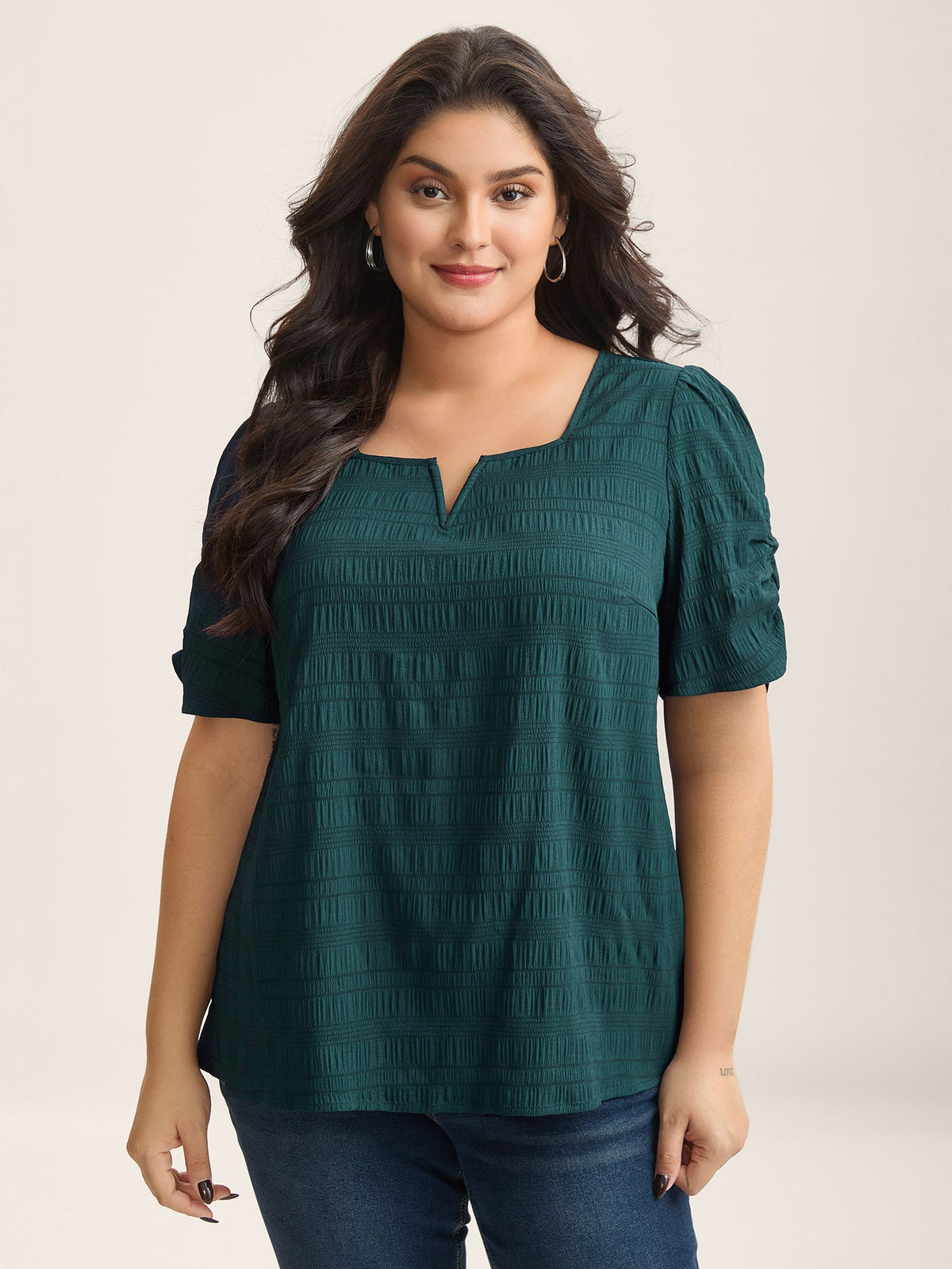 Textured Gathered Sleeve Split Neck Blouse