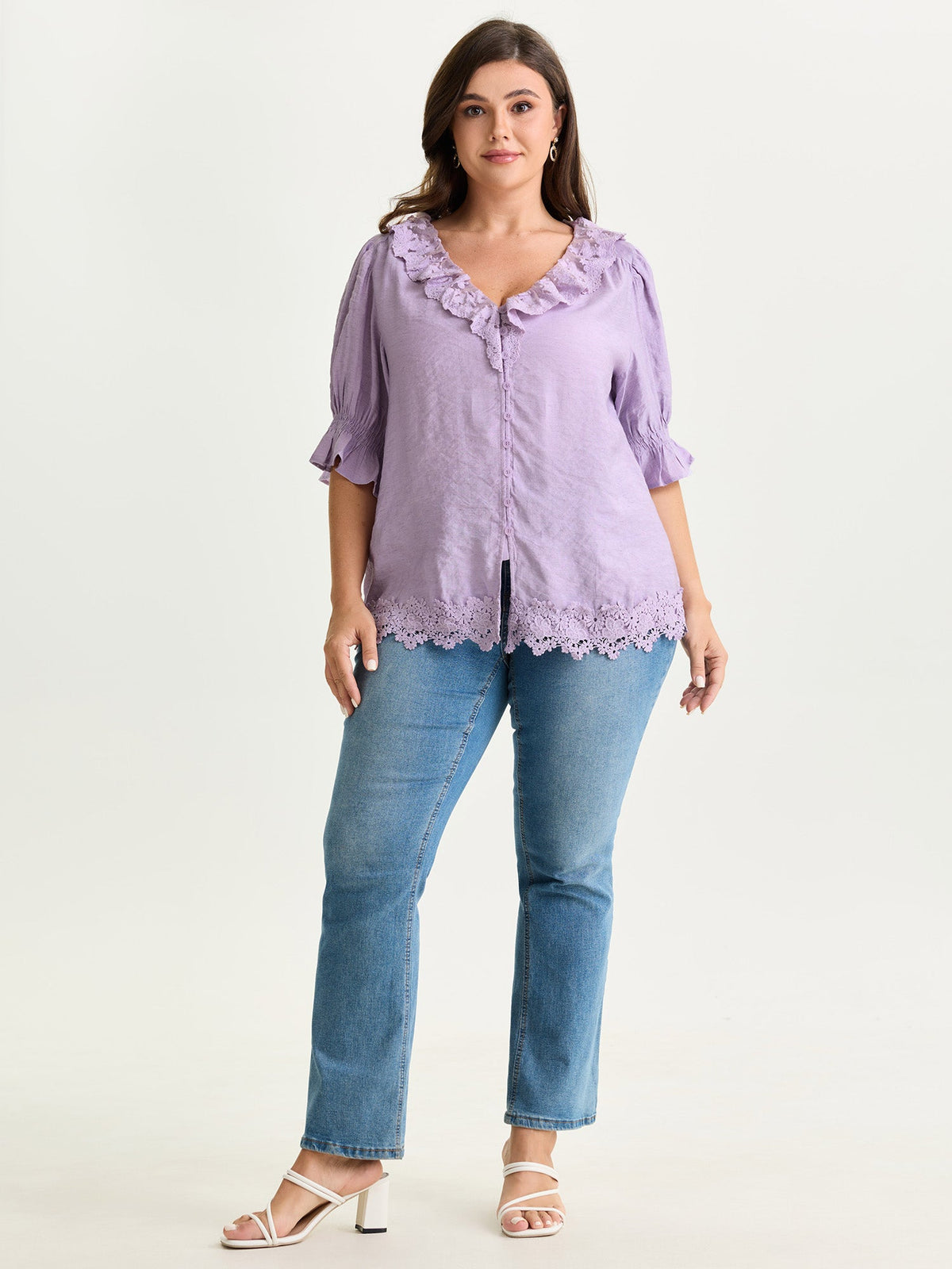 Ruffled Lace Neckline Button-Down Blouse
