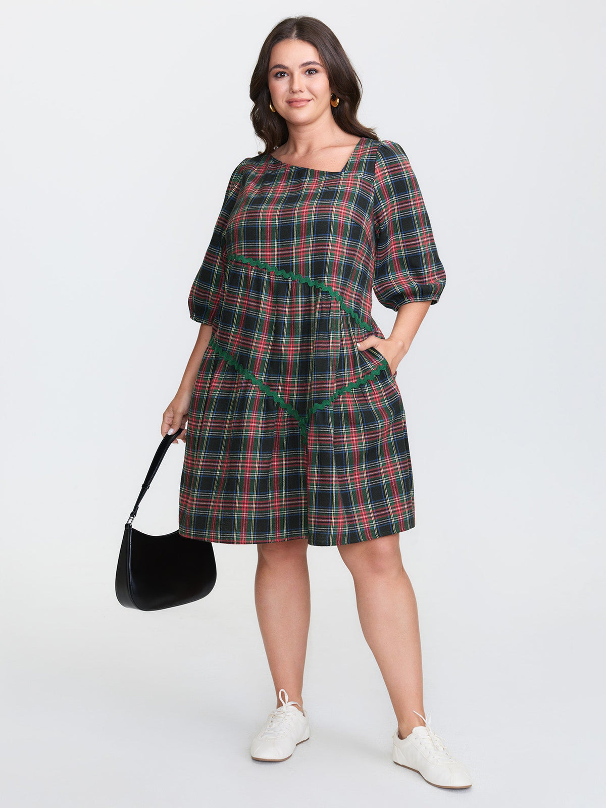 Festive Plaid Wavy Trim Mini Dress