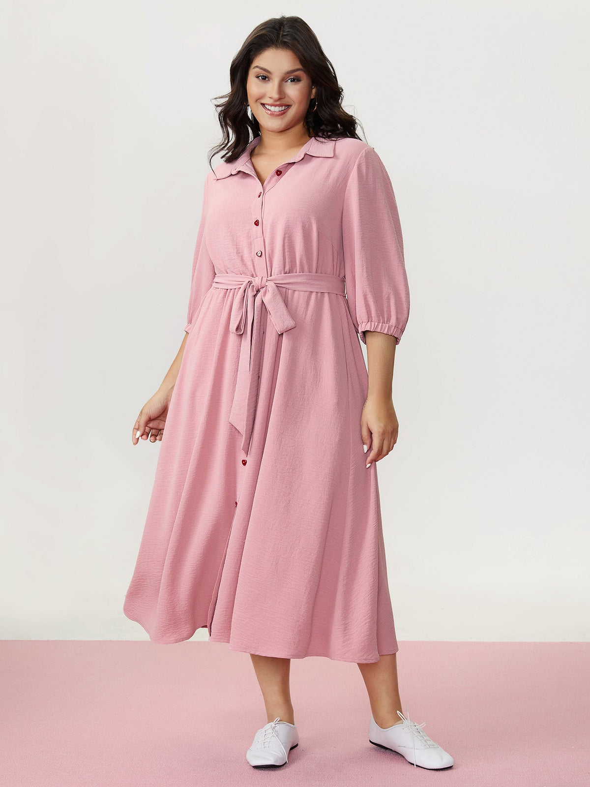 Layered Pleated Waist-Tie Shirt Dress