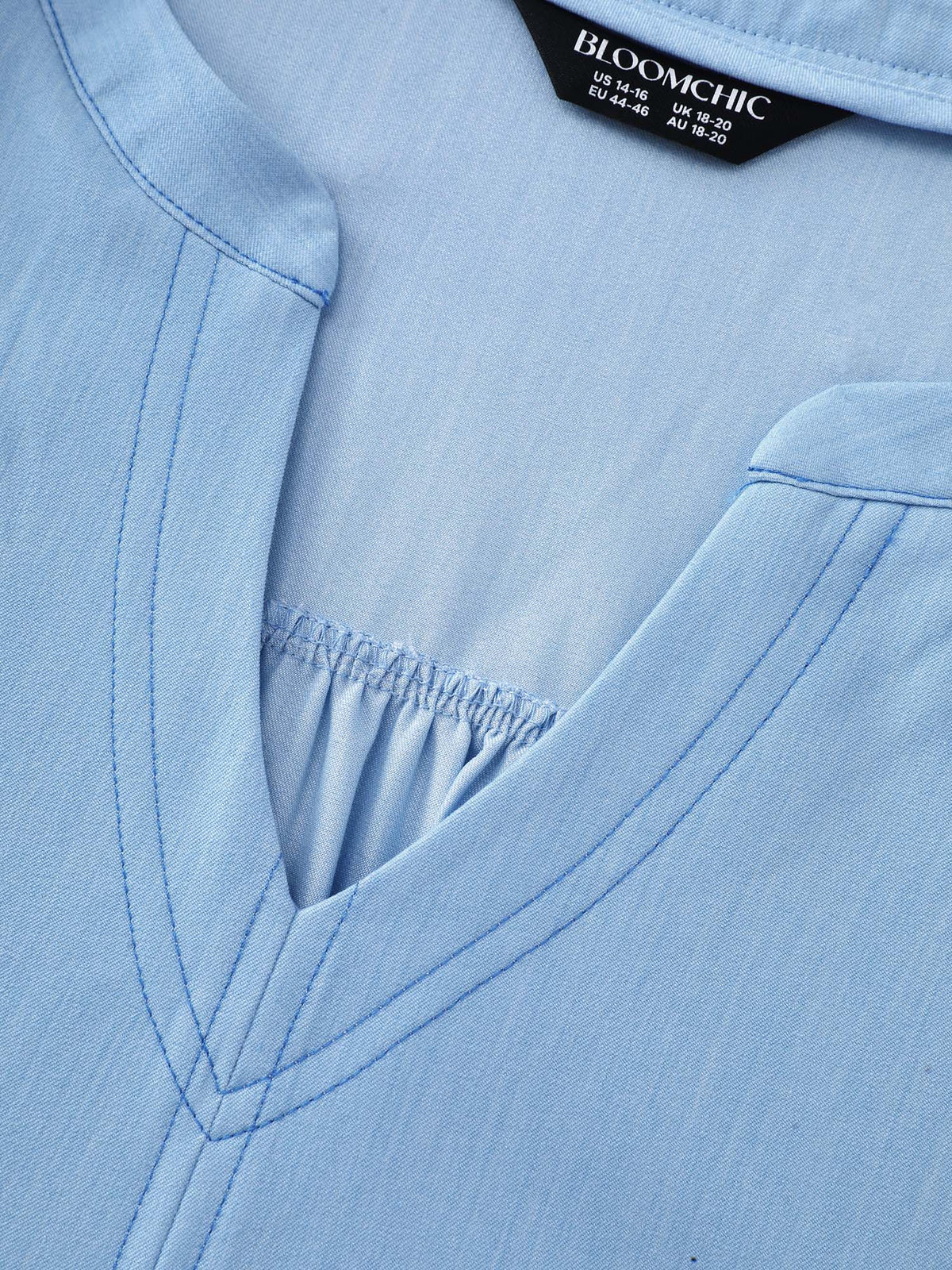 Supersoft Puffy Sleeve Notched Collar Plain Faux Denim Blouse