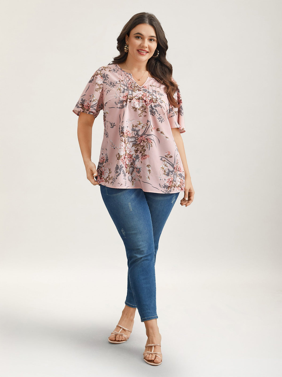 Spring Pattern Neck Cut-Out Pleated Shirt