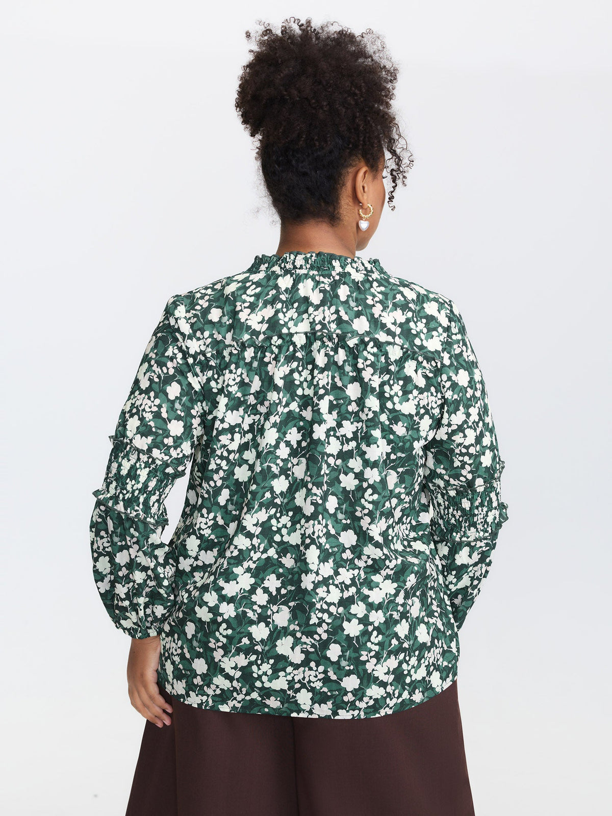 Floral Shirred Sleeve Drawstring Neckline Blouse