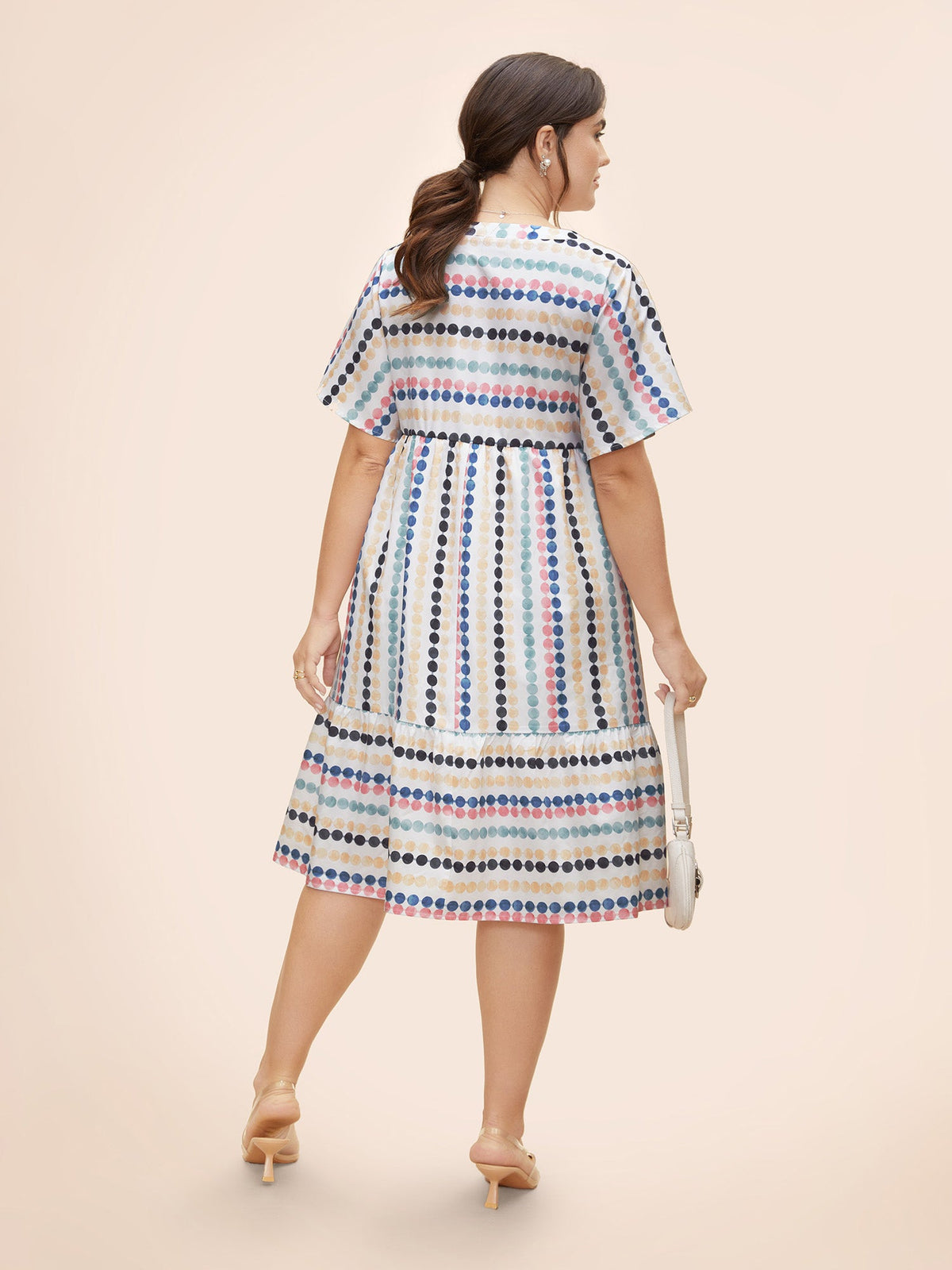 Dot Print Elastic Waist Split Neck Mini Dress