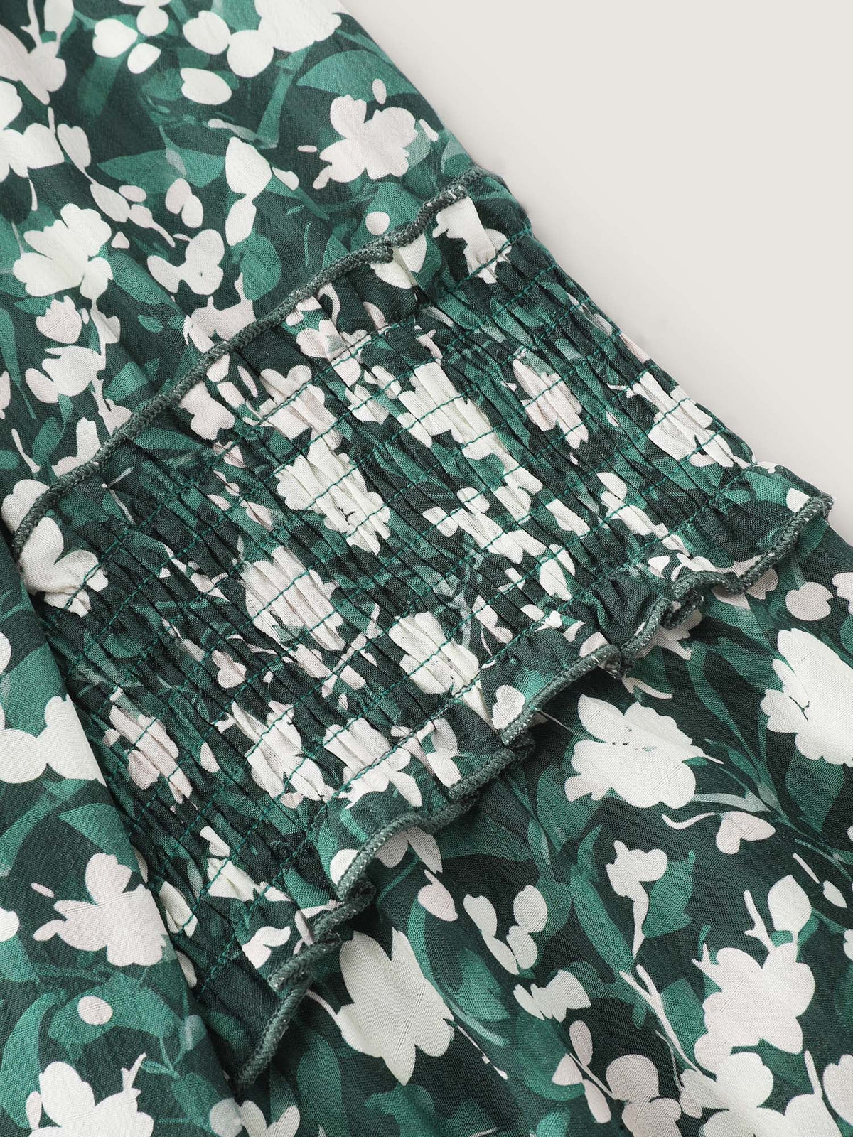 Floral Shirred Sleeve Drawstring Neckline Blouse