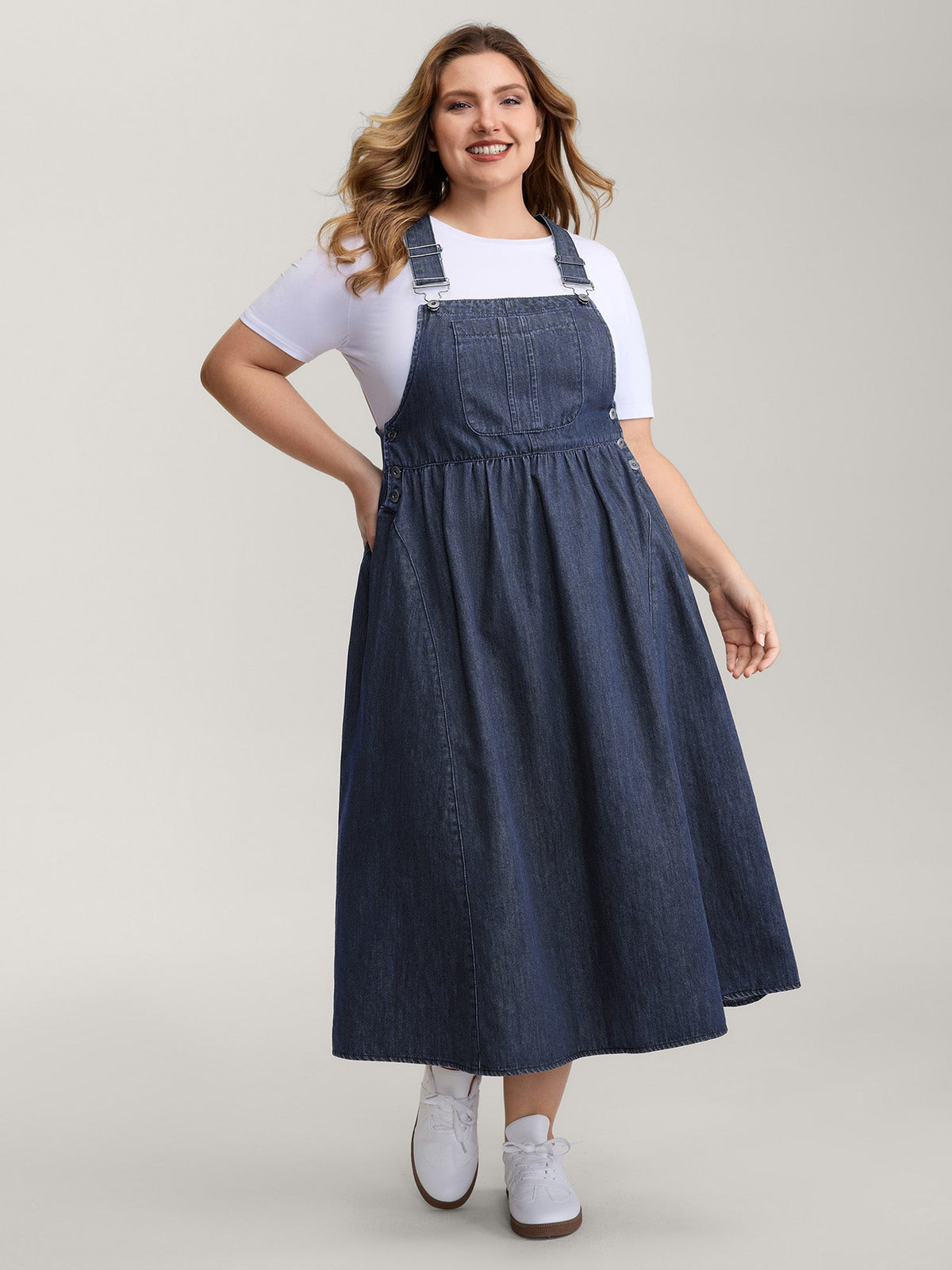 Denim Adjustable Overall Straps Pockets Midi Dress
