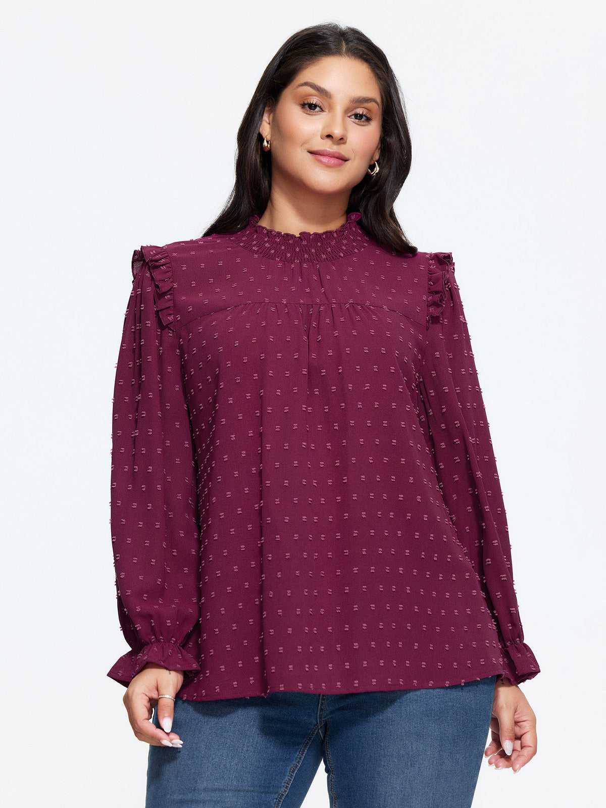 Textured Ruffle Shirred Mock Neck Blouse