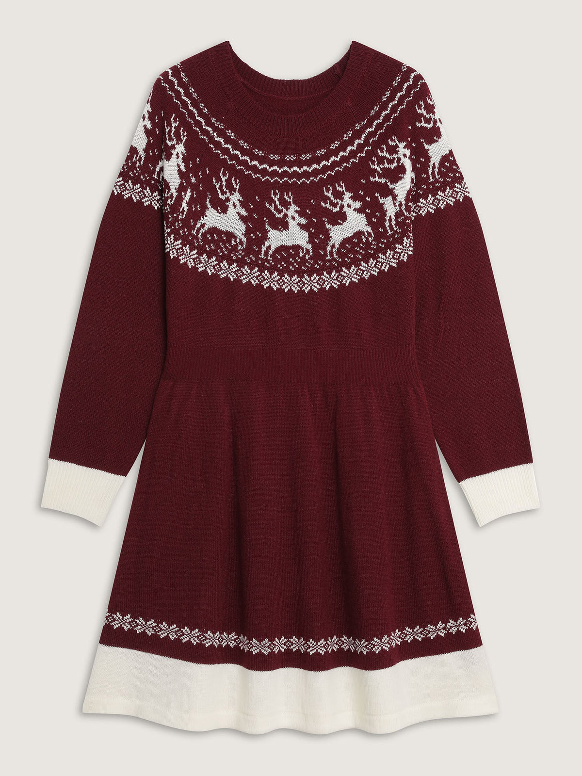 Reindeer Print Cinched-Waist Sweater Mini Dress