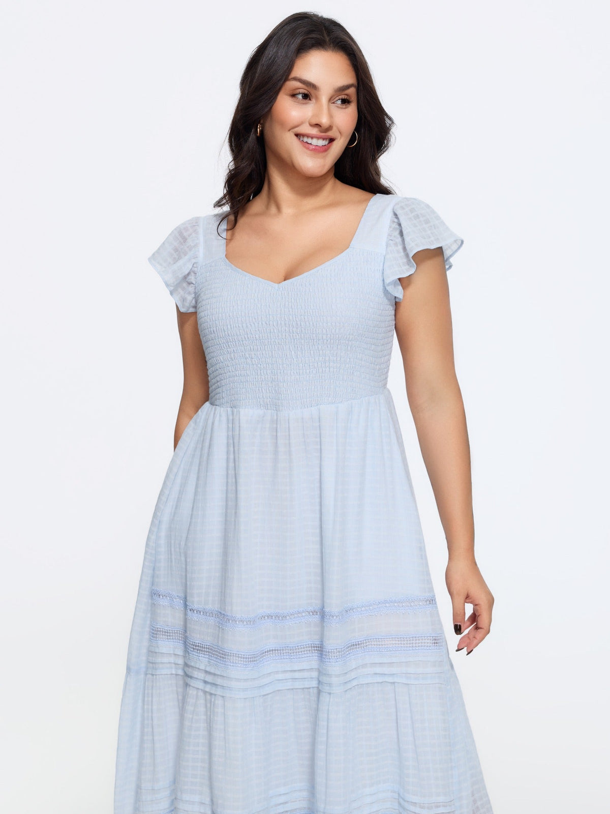 Cotton Lace Trim Ruffled Sleeve Midi Dress