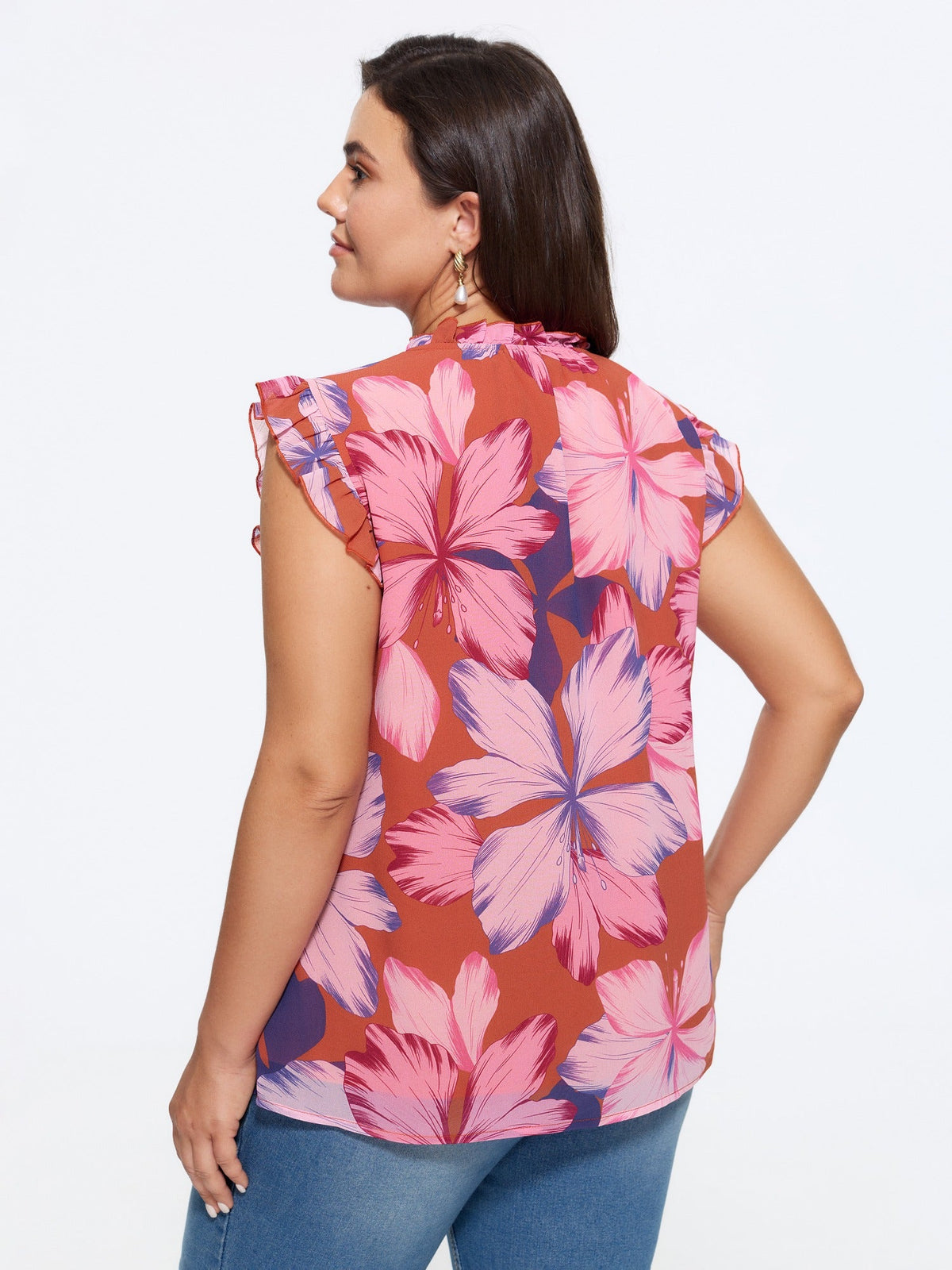 Large Floral Print Mock Neck Flutter Sleeve Blouse
