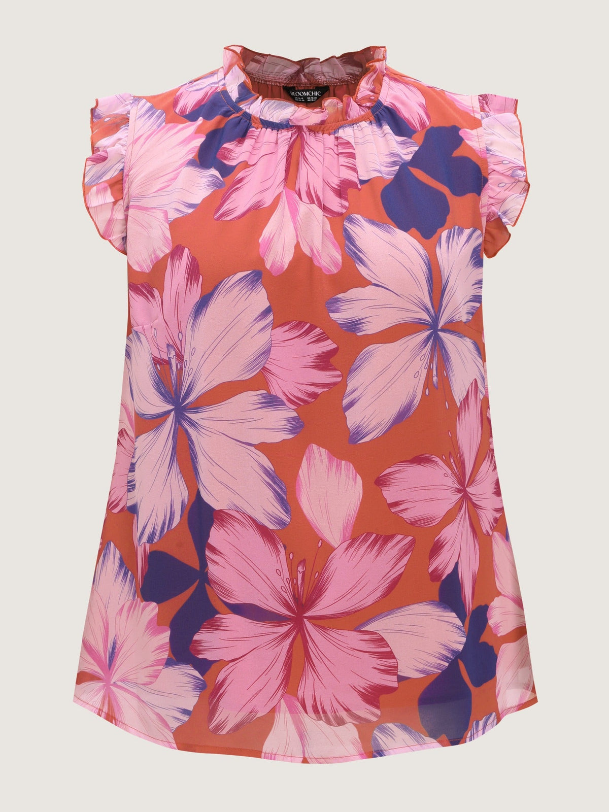 Large Floral Print Mock Neck Flutter Sleeve Blouse