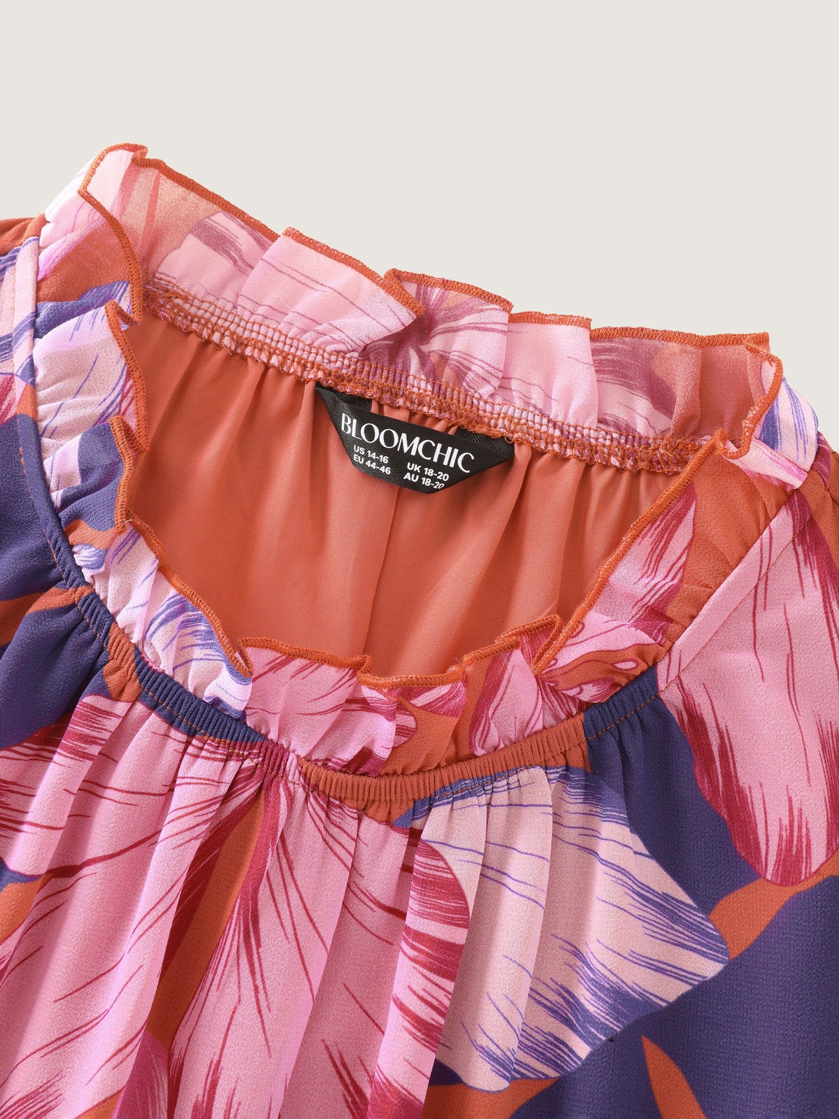 Large Floral Print Mock Neck Flutter Sleeve Blouse