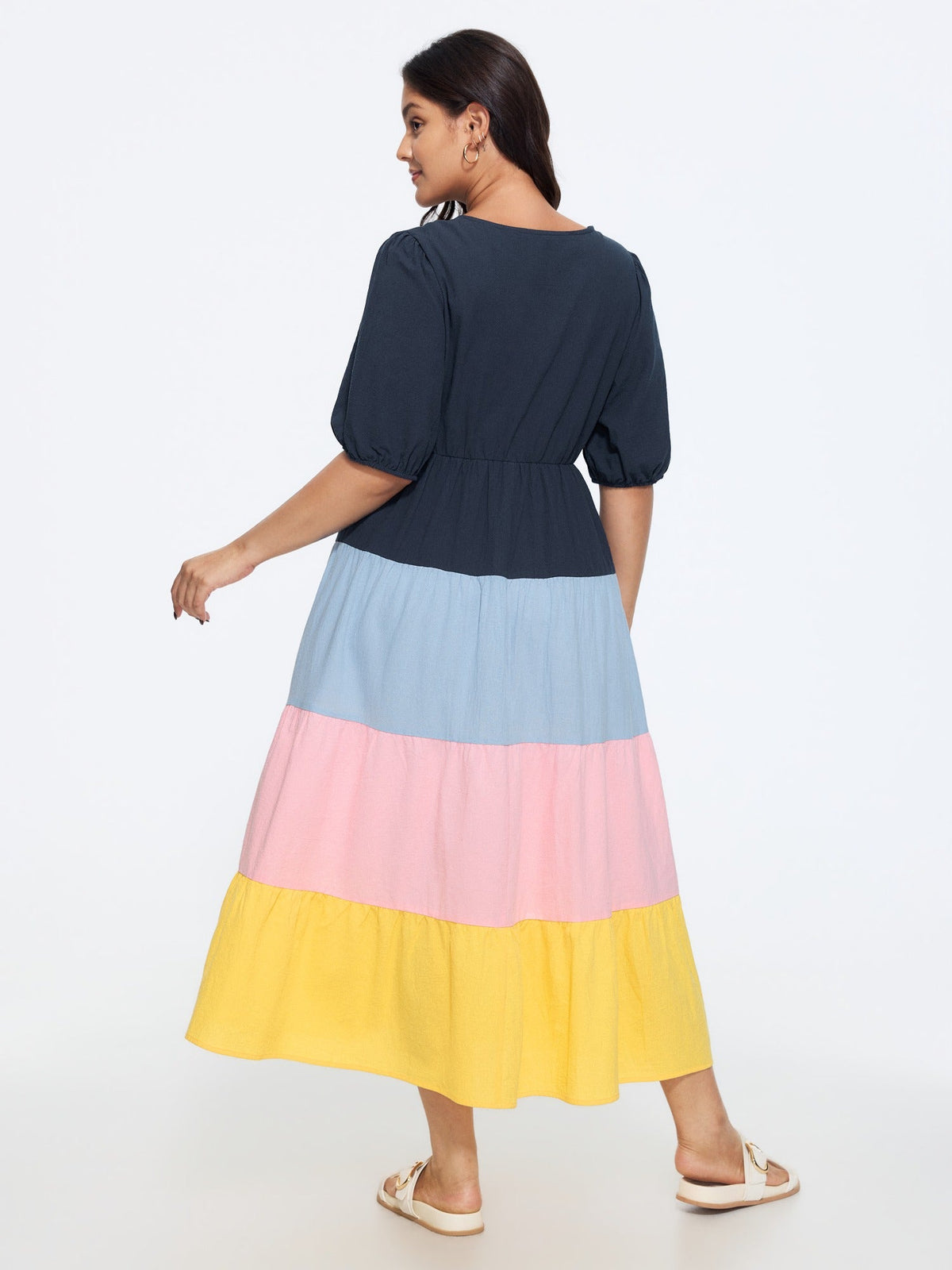 Cotton Color Block Tiered Maxi Dress