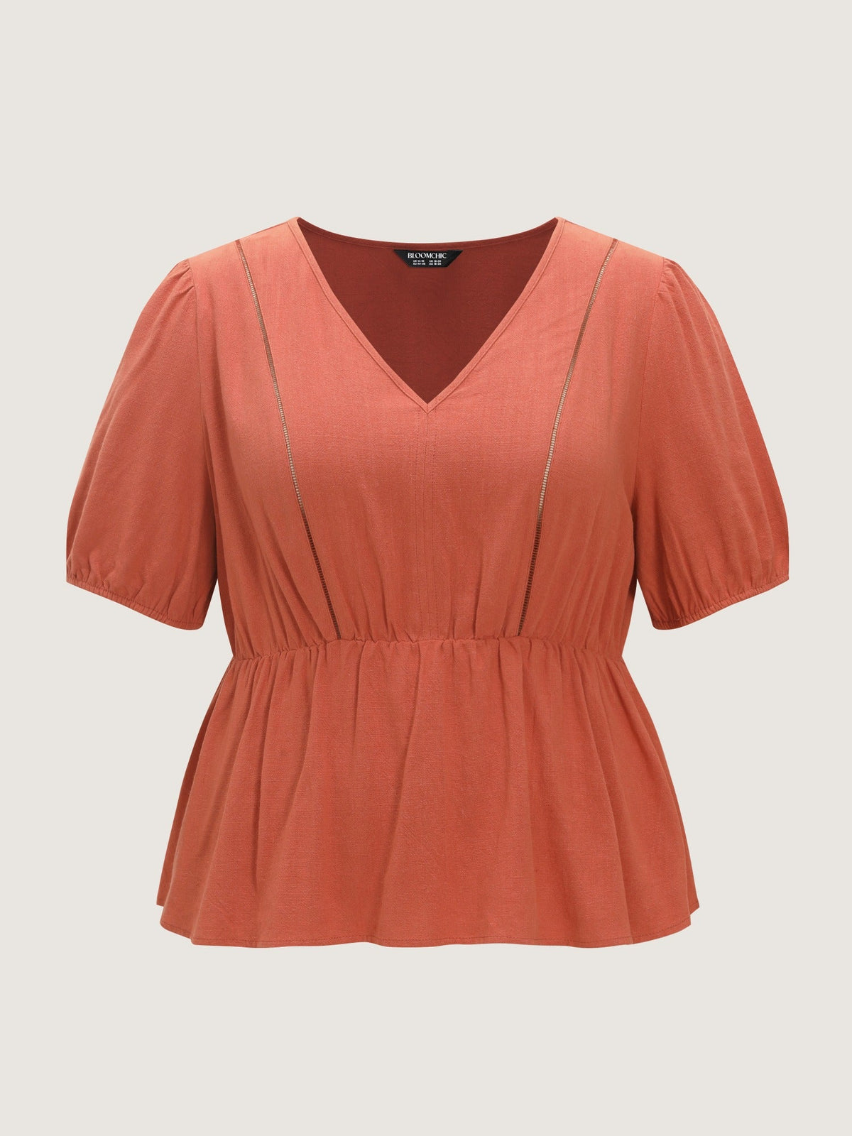 Linen Blend Textured V-Neck Plain Peplum Blouse