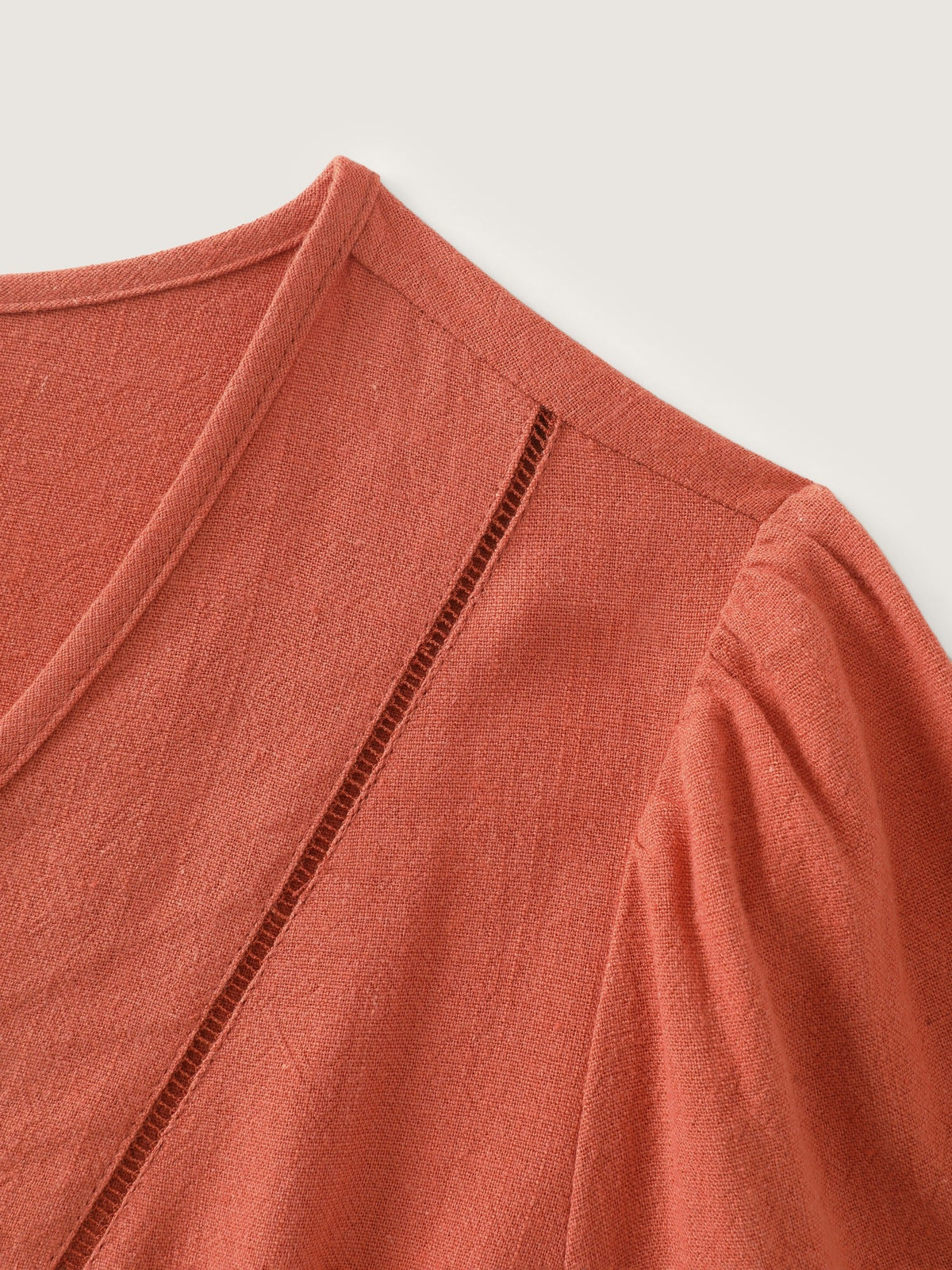 Linen Blend Textured V-Neck Plain Peplum Blouse