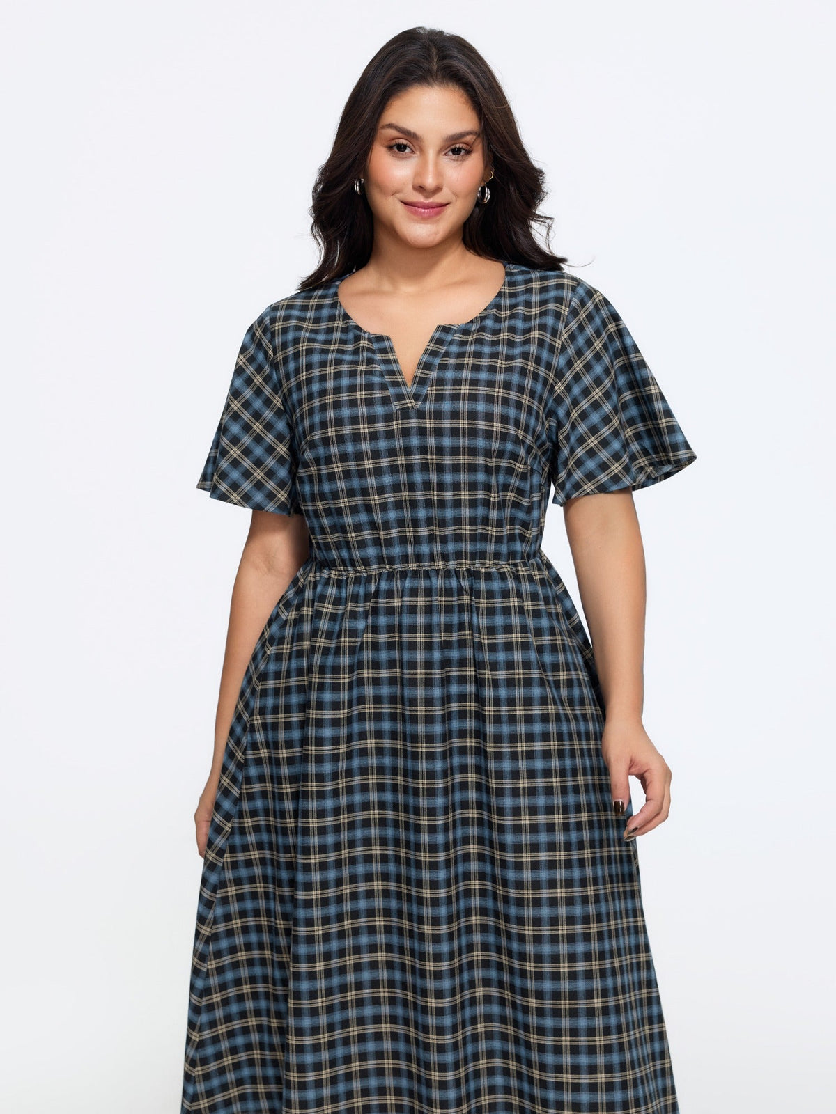 Plaid Print V Neck Ruched Side Pocket Midi Dress