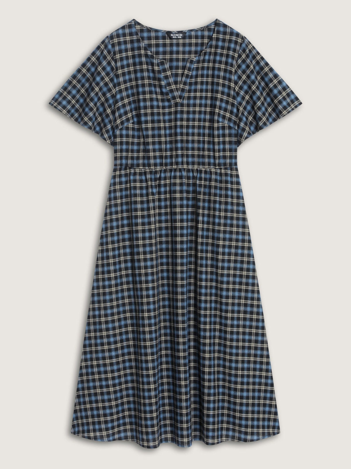 Plaid Print V Neck Ruched Side Pocket Midi Dress