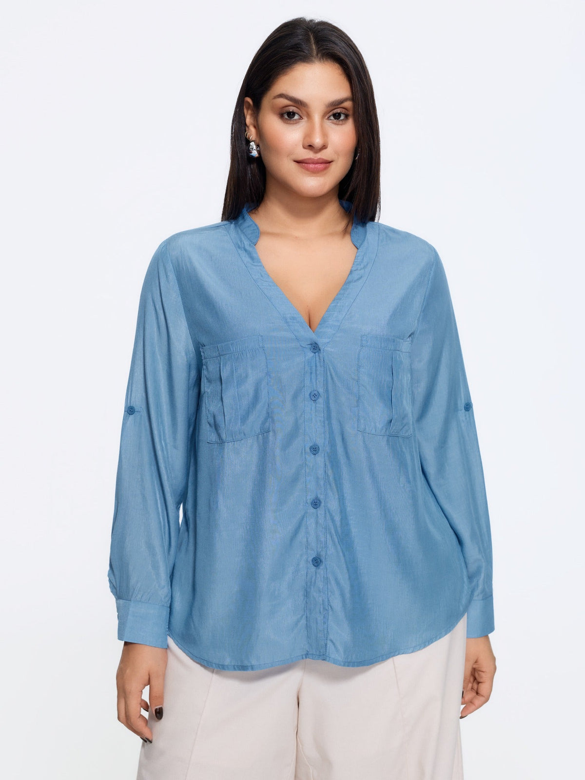 Plain Tab Sleeve Dual Pocket Blouse