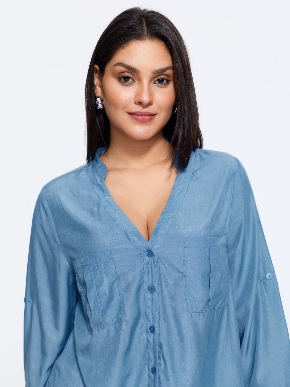 Plain Tab Sleeve Dual Pocket Blouse
