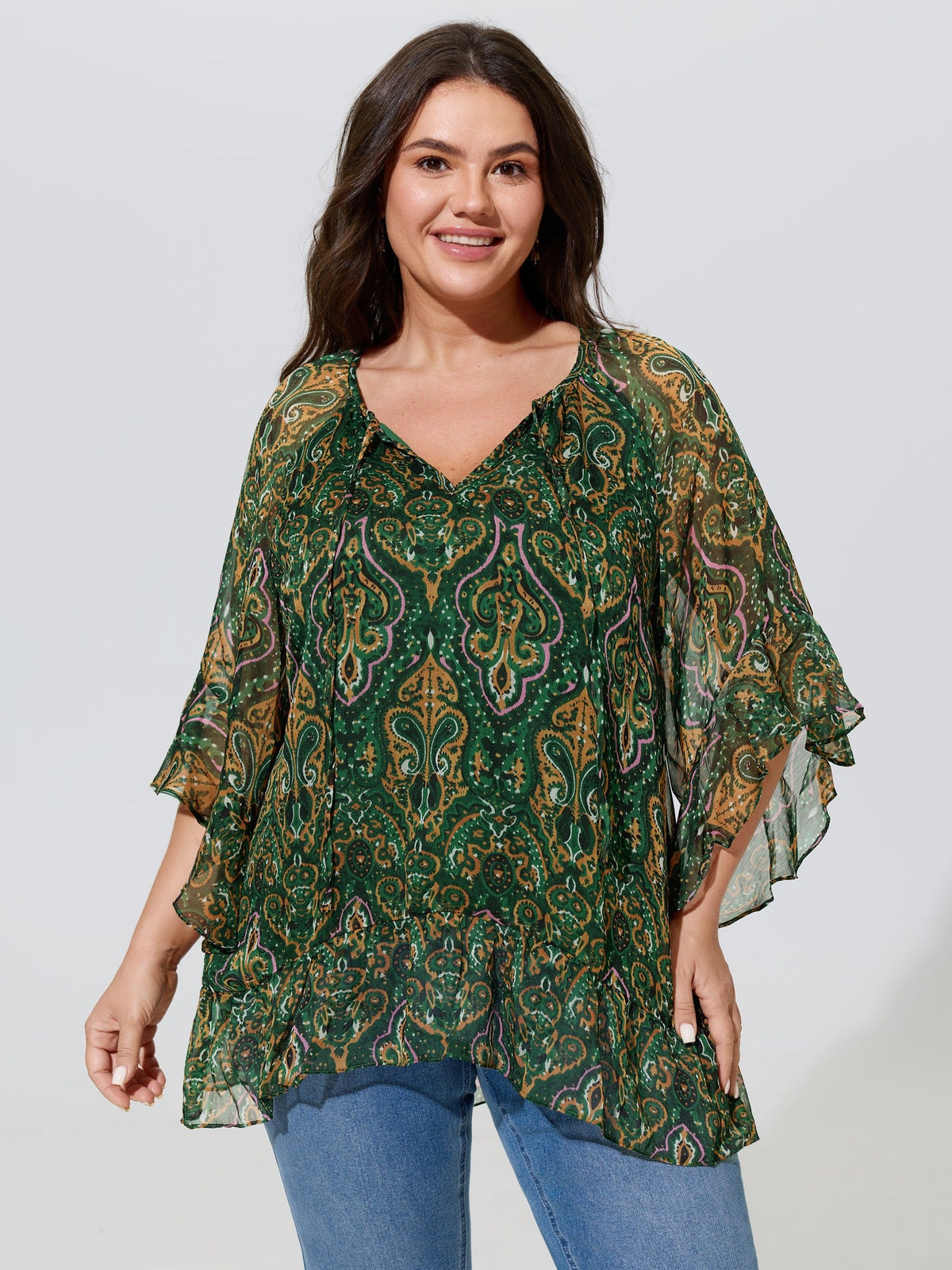 Boho Geometric Print Ruffled Sleeve Blouse