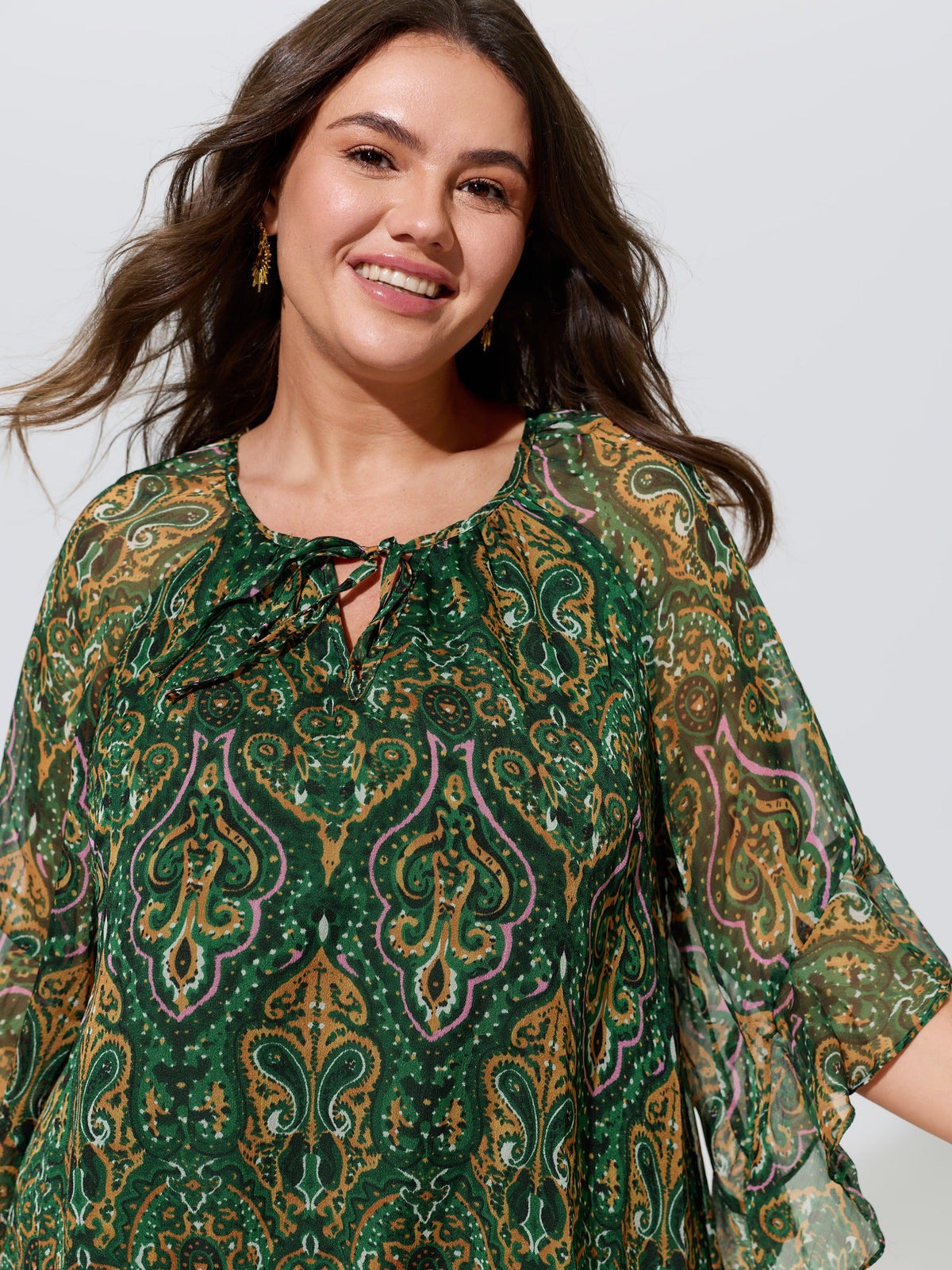 Boho Geometric Print Ruffled Sleeve Blouse