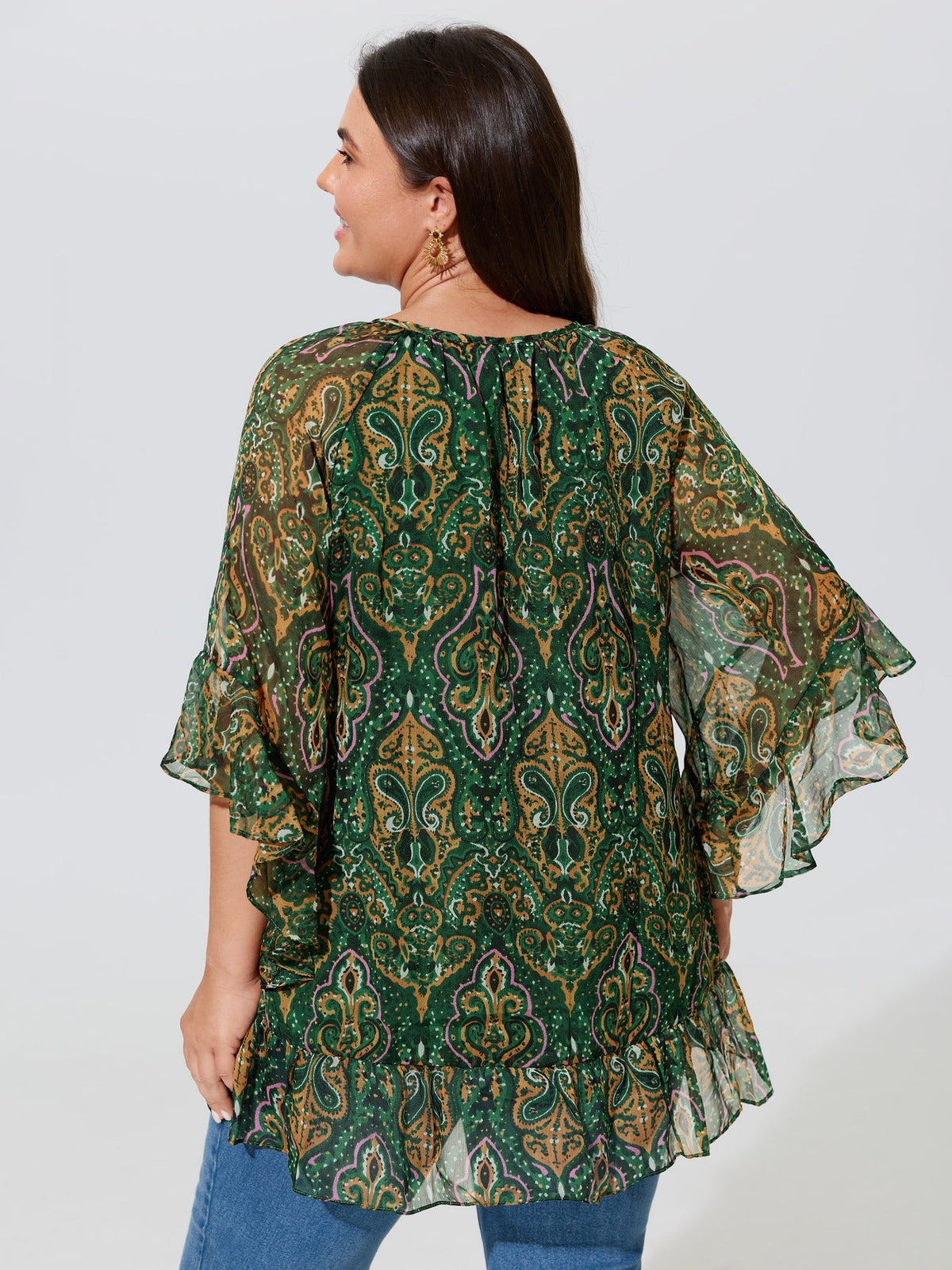 Boho Geometric Print Ruffled Sleeve Blouse