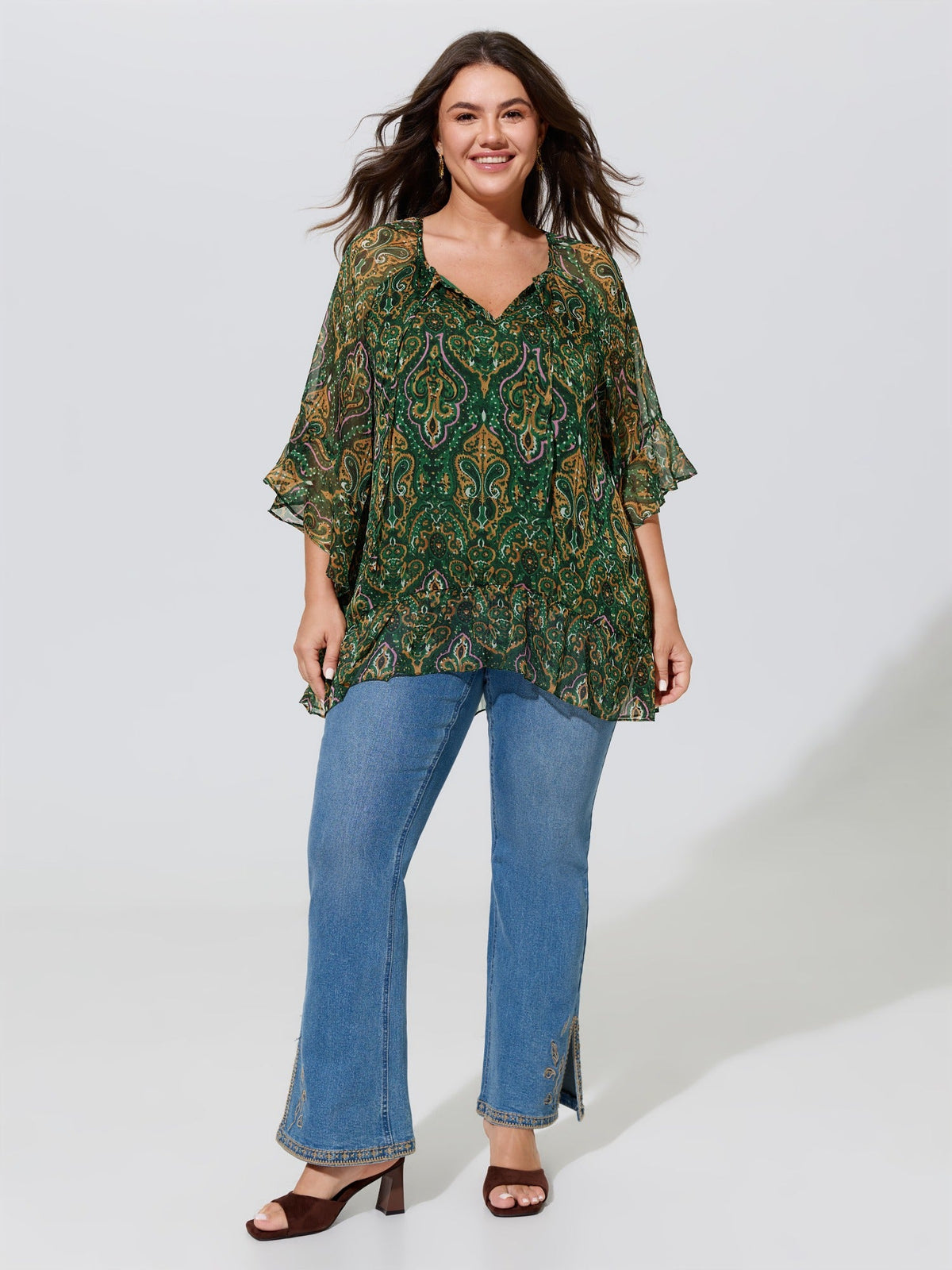Boho Geometric Print Ruffled Sleeve Blouse