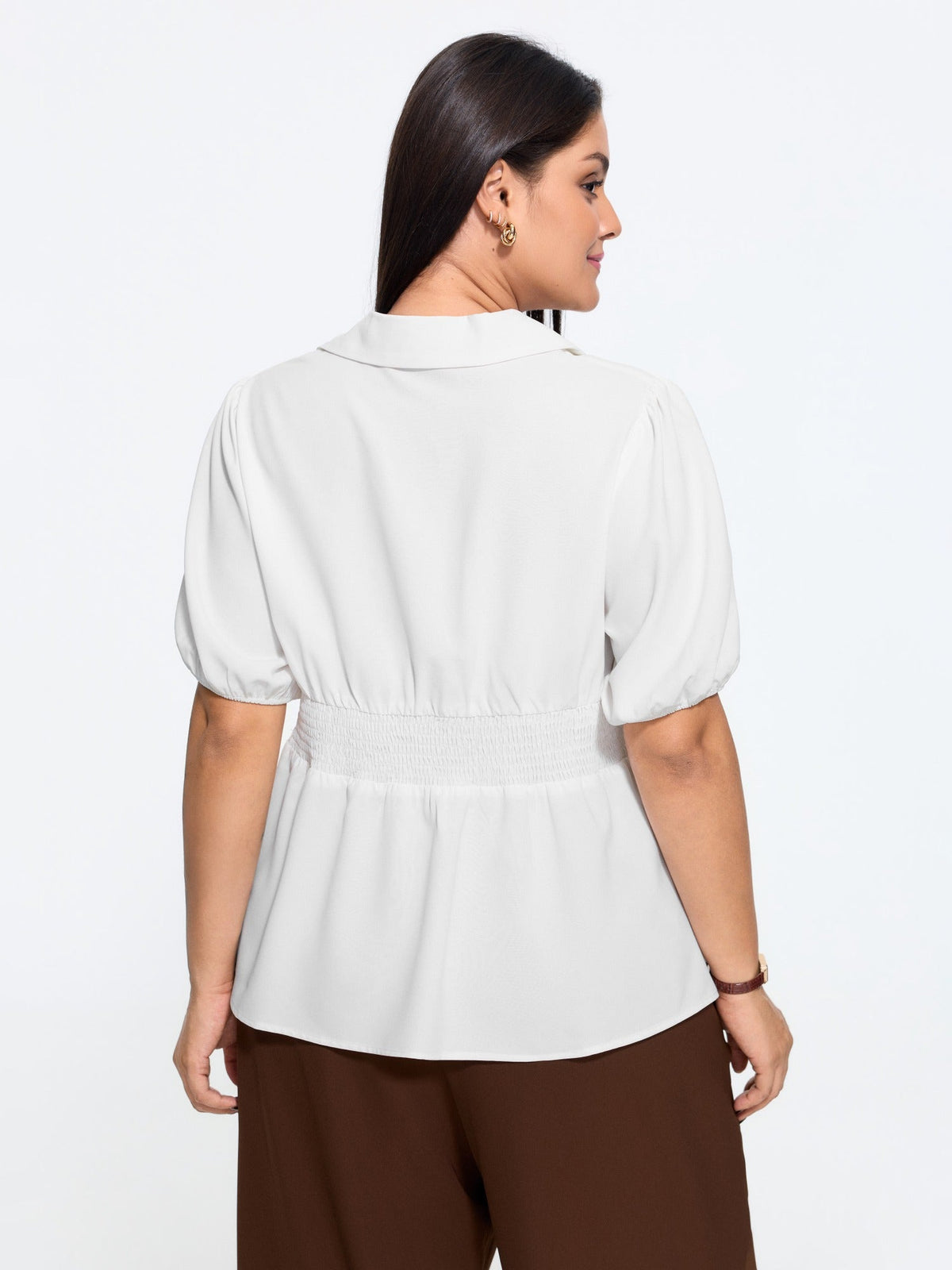 Plain Surplice Neck Shirred Waist Blouse