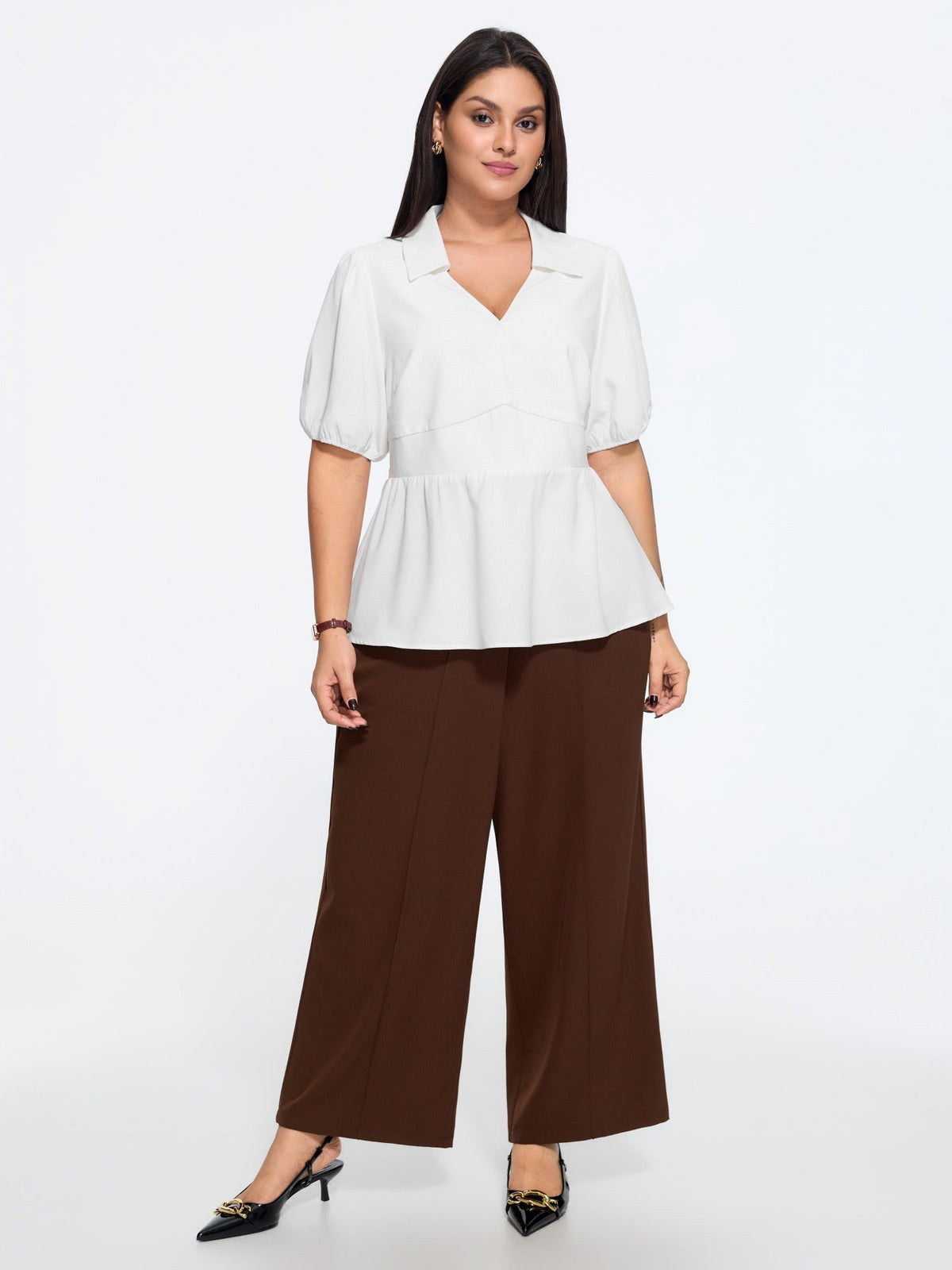 Plain Surplice Neck Shirred Waist Blouse