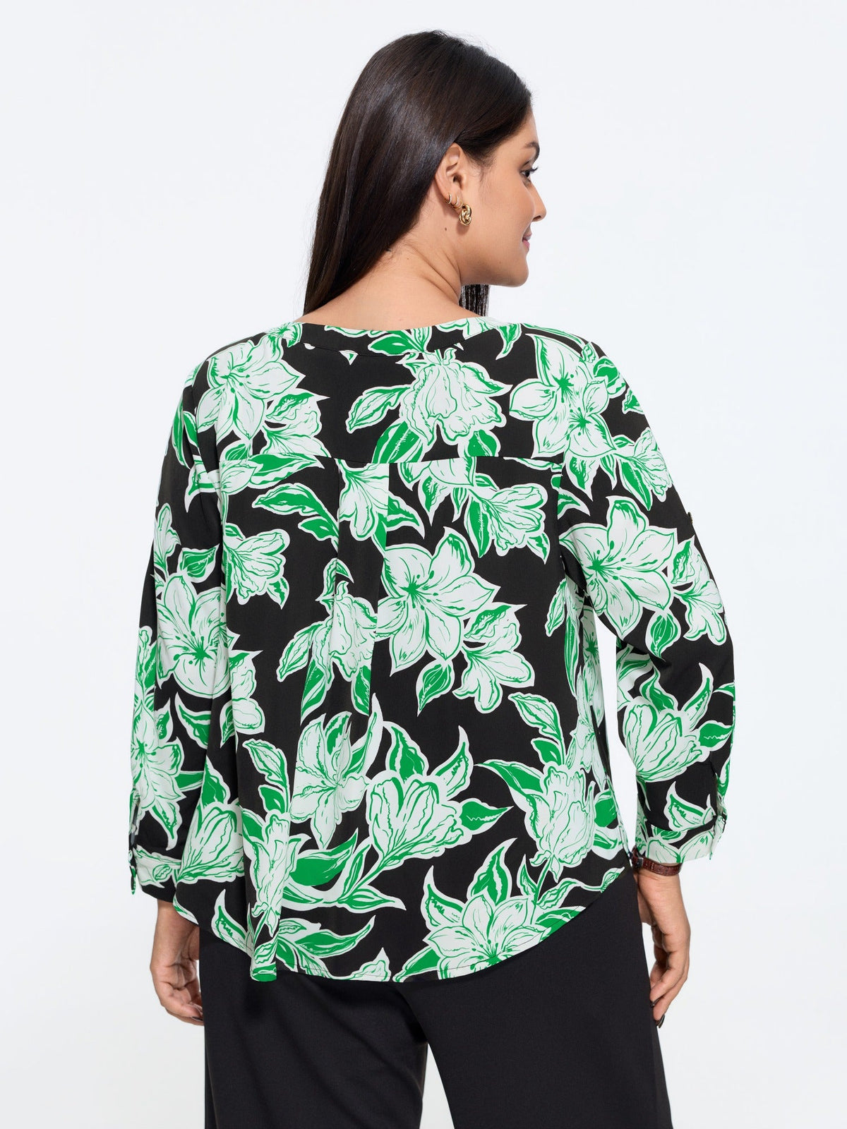 Floral Print V Neck Curved Hem Blouse