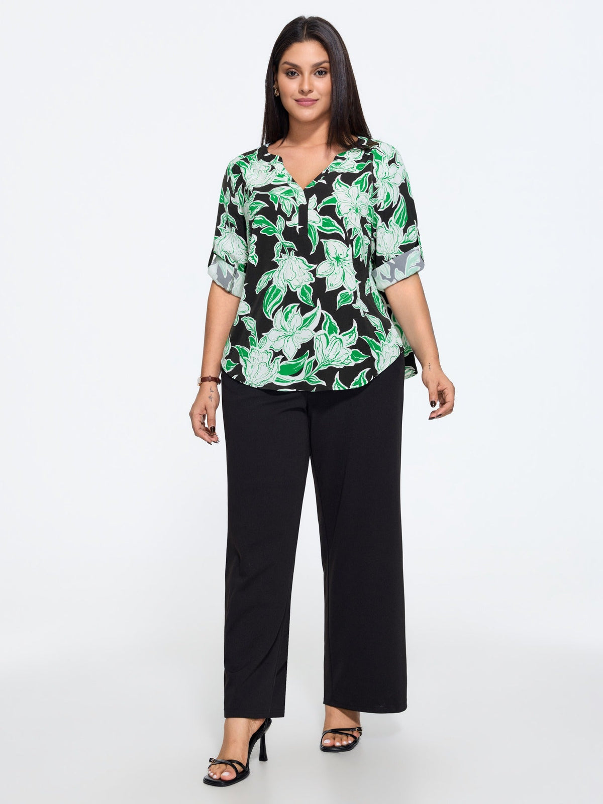 Floral Print V Neck Curved Hem Blouse