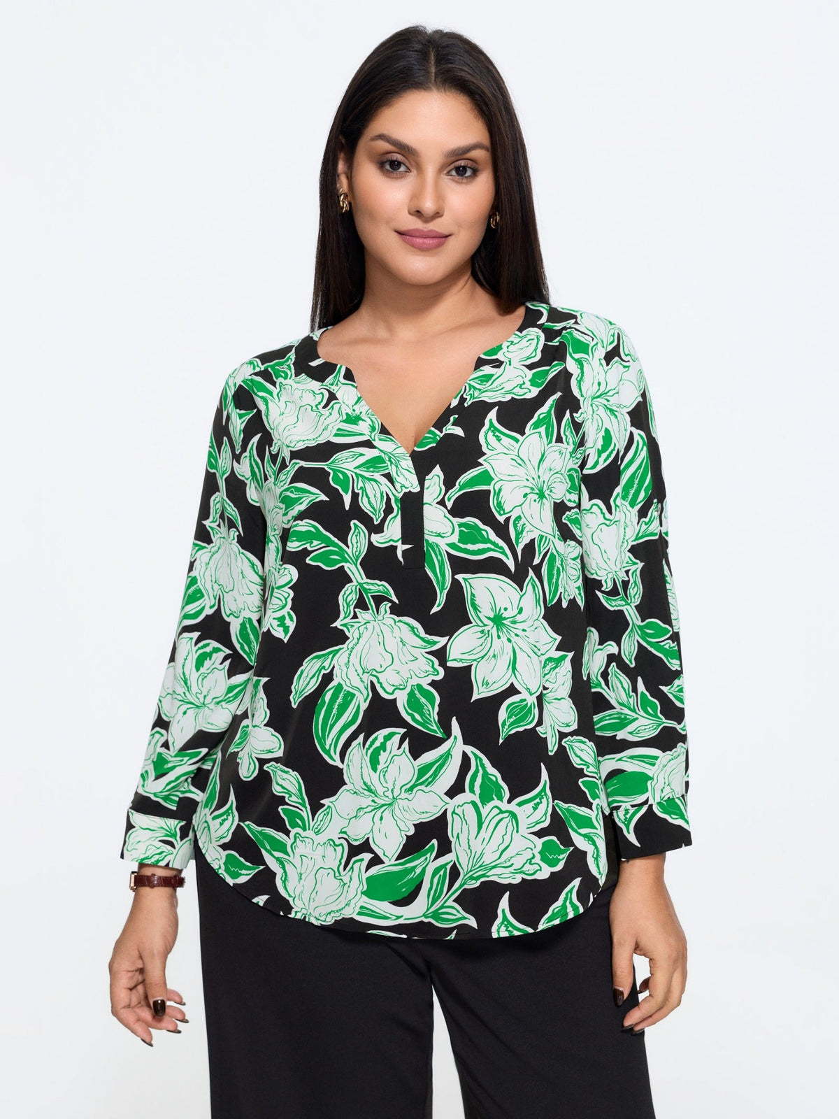 Floral Print V Neck Curved Hem Blouse